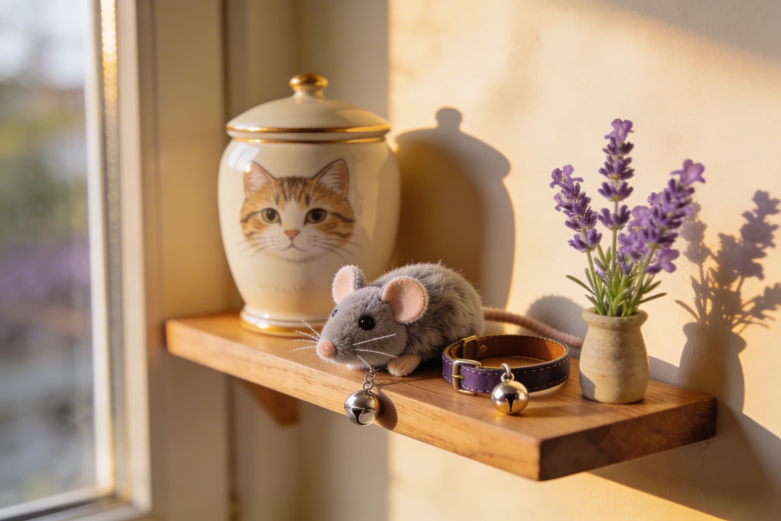 A cozy memorial corner with a cat urn, favorite toy mouse, collar with bell, and lavender sprigs