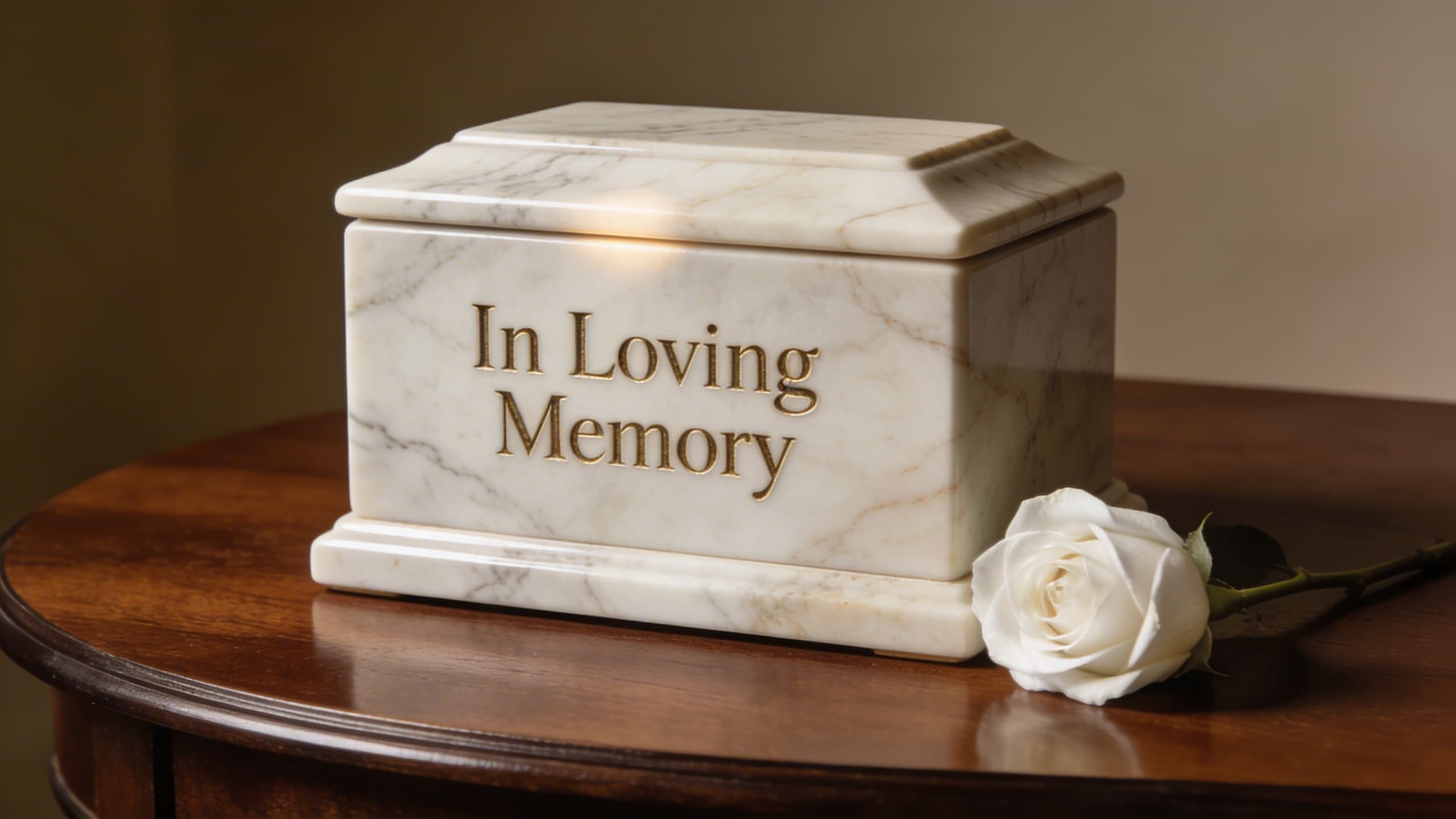 A polished marble pet cremation urn with elegant engraving on a dark walnut table with a white rose