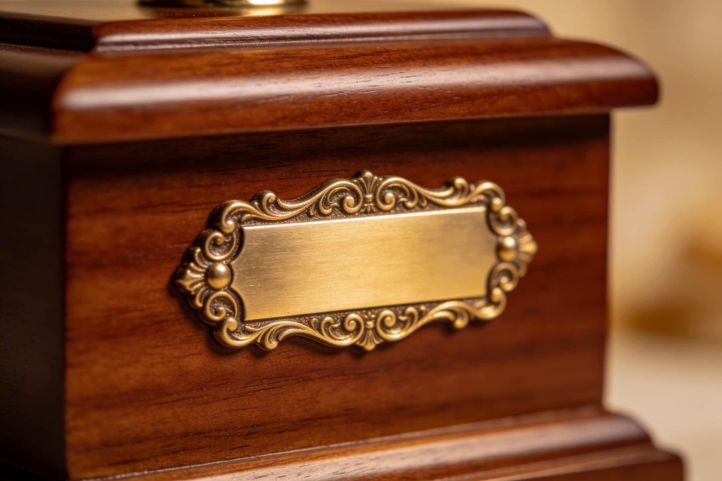 Close-up of a hand-engraved brass nameplate on a mahogany pet urn showing fine craftsmanship