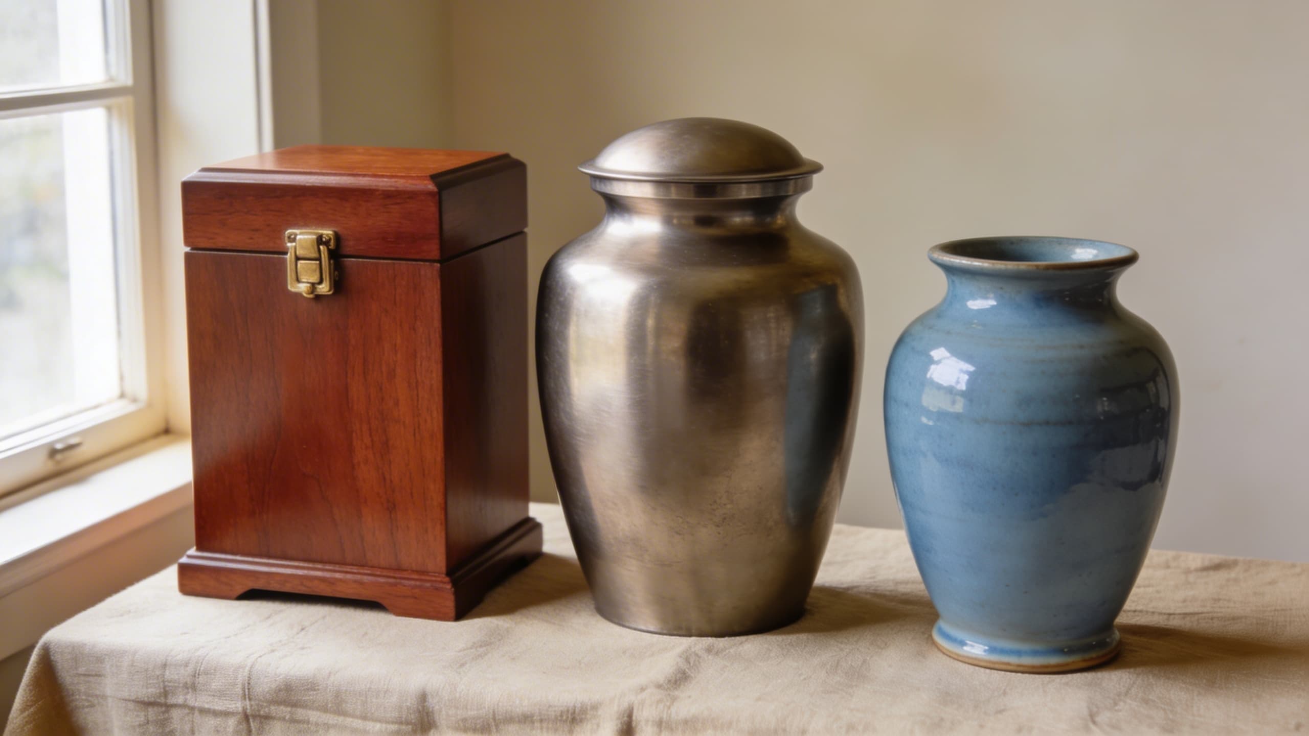 Three distinctly different pet cremation urns displayed side by side on a natural linen tablecloth β cherry wood, brushed pewter, and soft blue ceramic