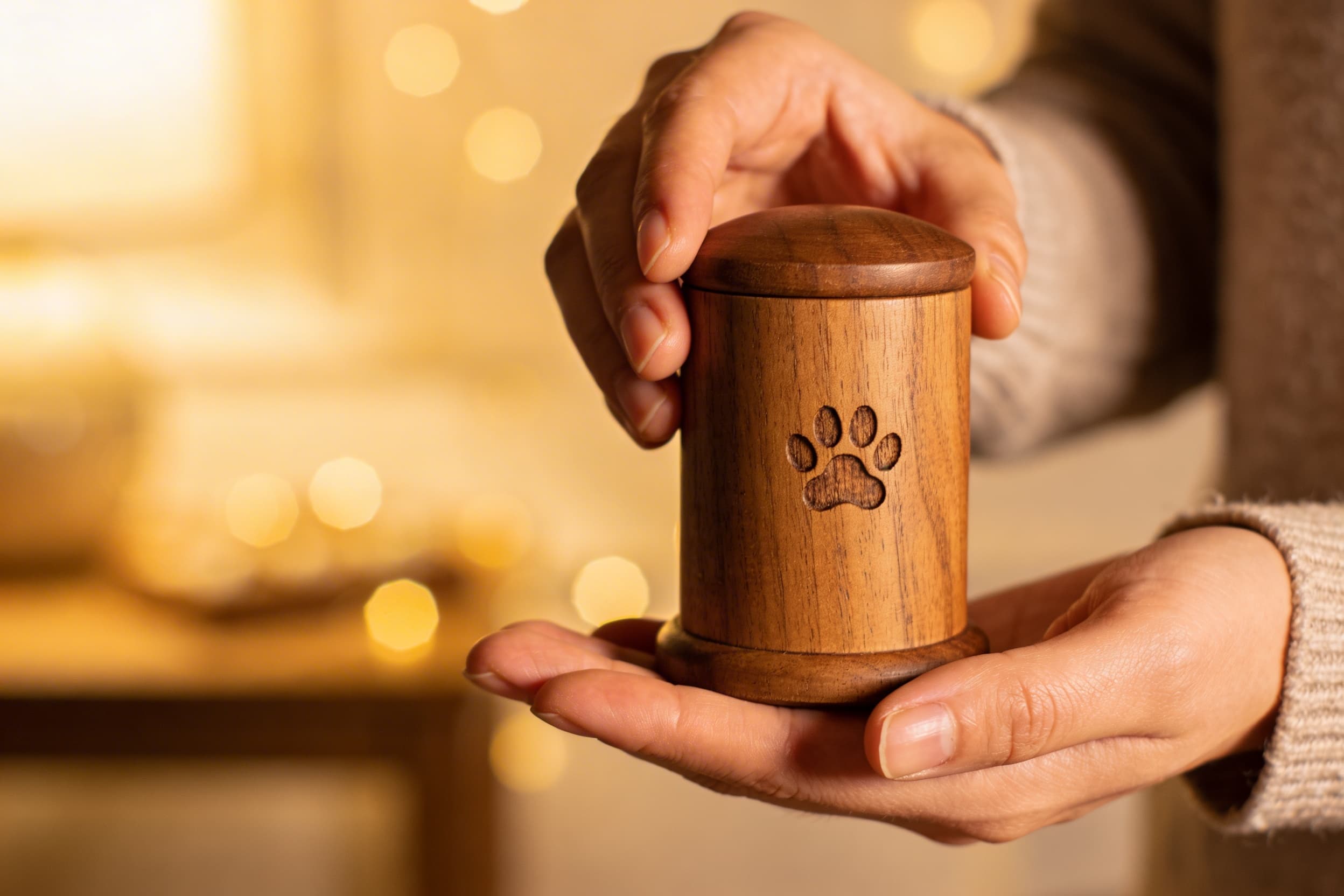 A person's hands gently holding a small wooden pet keepsake urn with a carved paw print