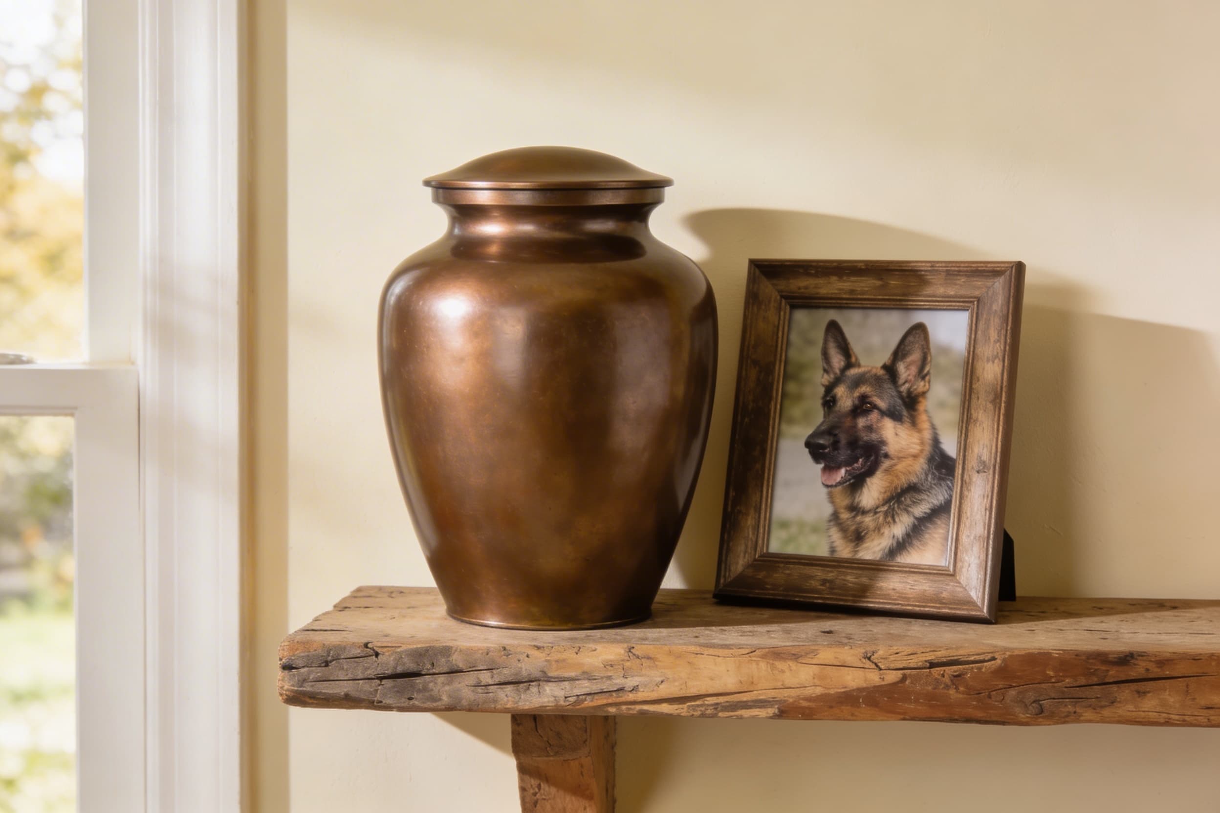 A large bronze pet cremation urn on a rustic wooden shelf next to a framed photo of a German Shepherd