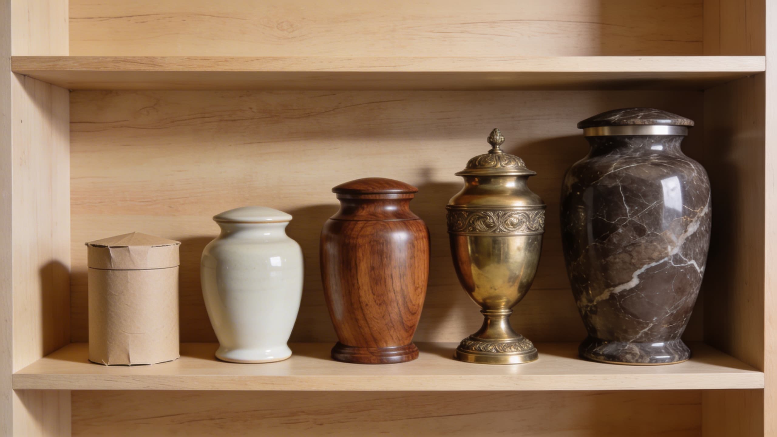Five pet cremation urns arranged from smallest to largest representing different price points on a light oak shelf