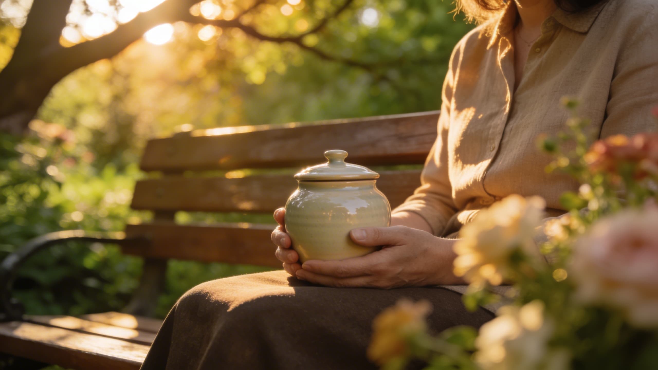 A person sitting on a wooden bench in a lush green garden at golden hour, holding a small ceramic pet urn