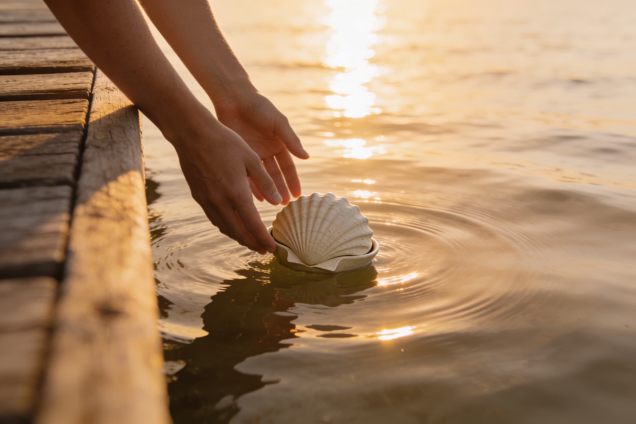 A biodegradable pet urn being gently placed into calm ocean water from a wooden dock at sunset
