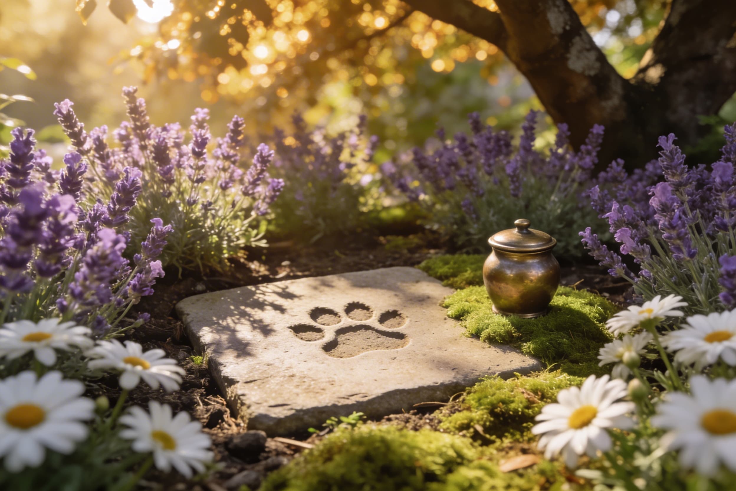 A small memorial garden corner with a paw print stepping stone surrounded by lavender and daisies
