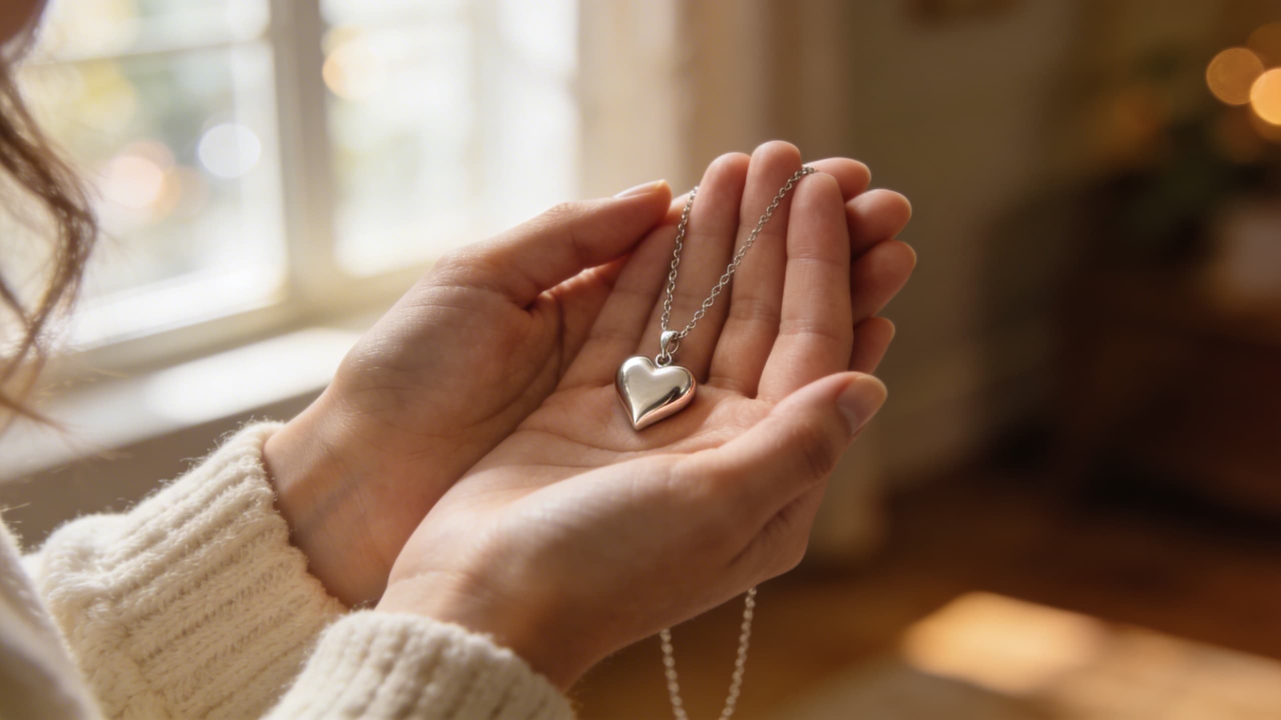 A woman's hands gently holding a small heart-shaped pet cremation pendant on a delicate chain in warm natural light