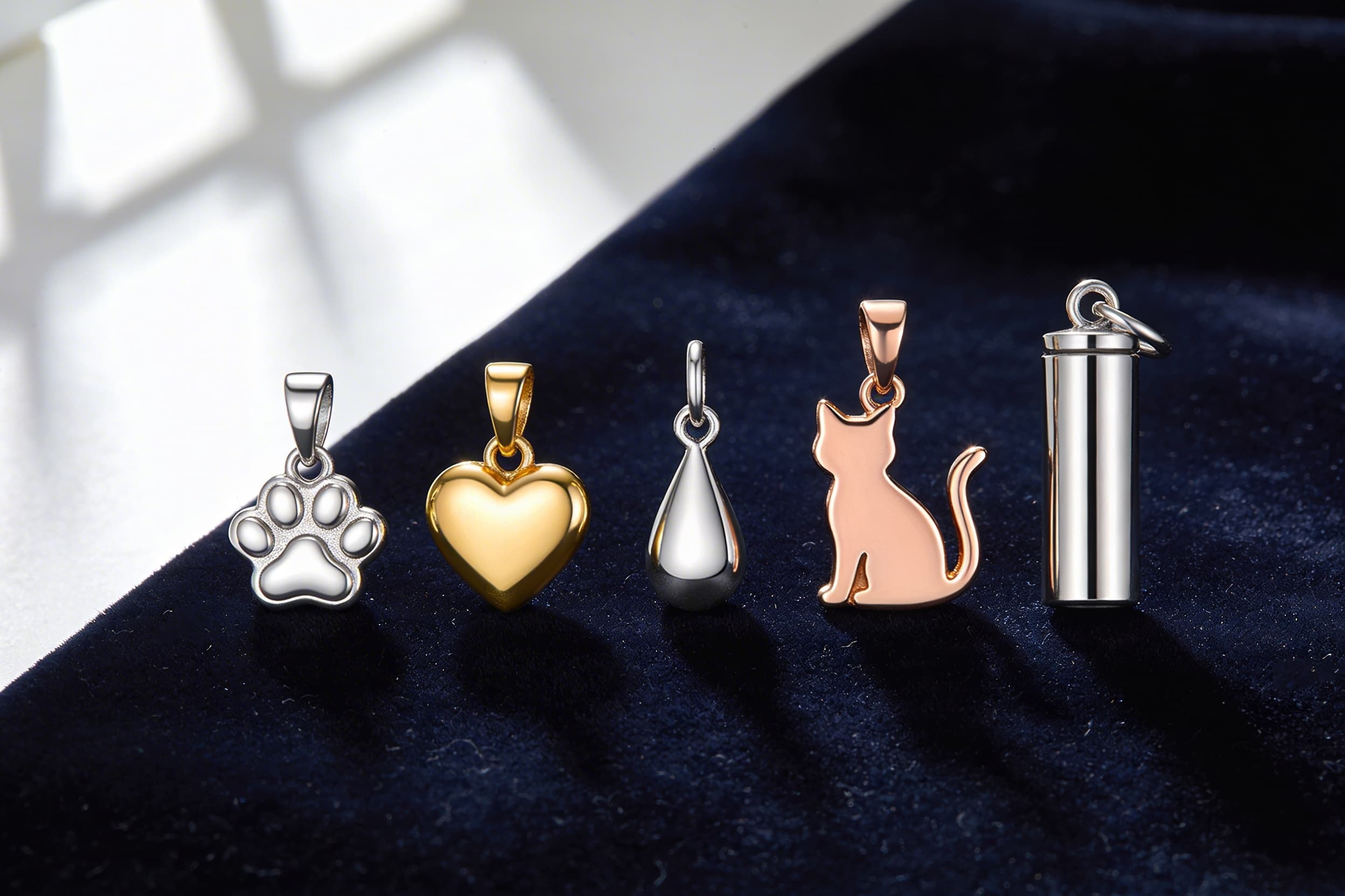 Several pet cremation jewelry pendants in silver and gold laid out on dark velvet fabric with soft window light