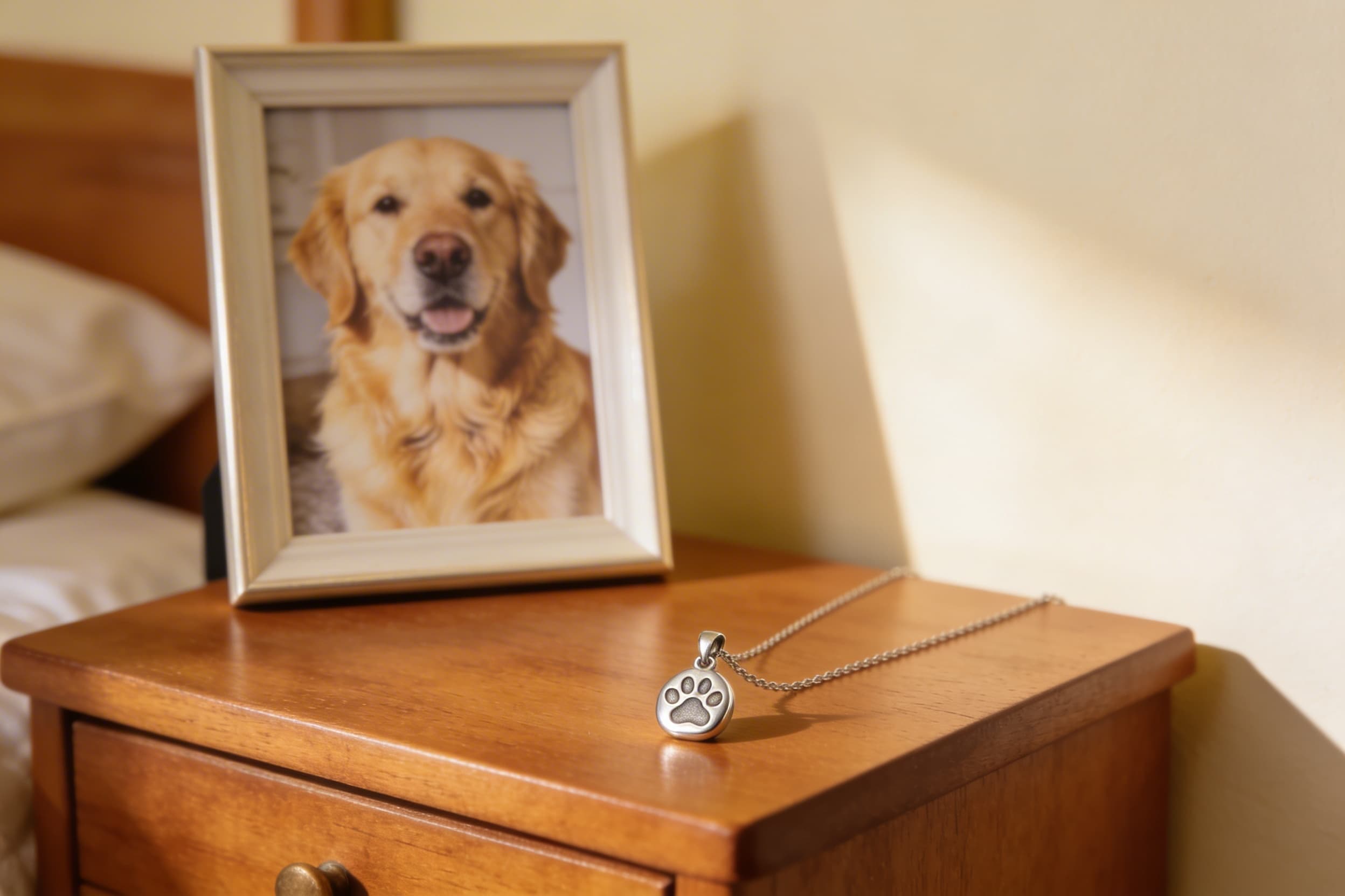 A small silver pet cremation necklace pendant resting on a wooden nightstand next to a framed photo of a golden retriever