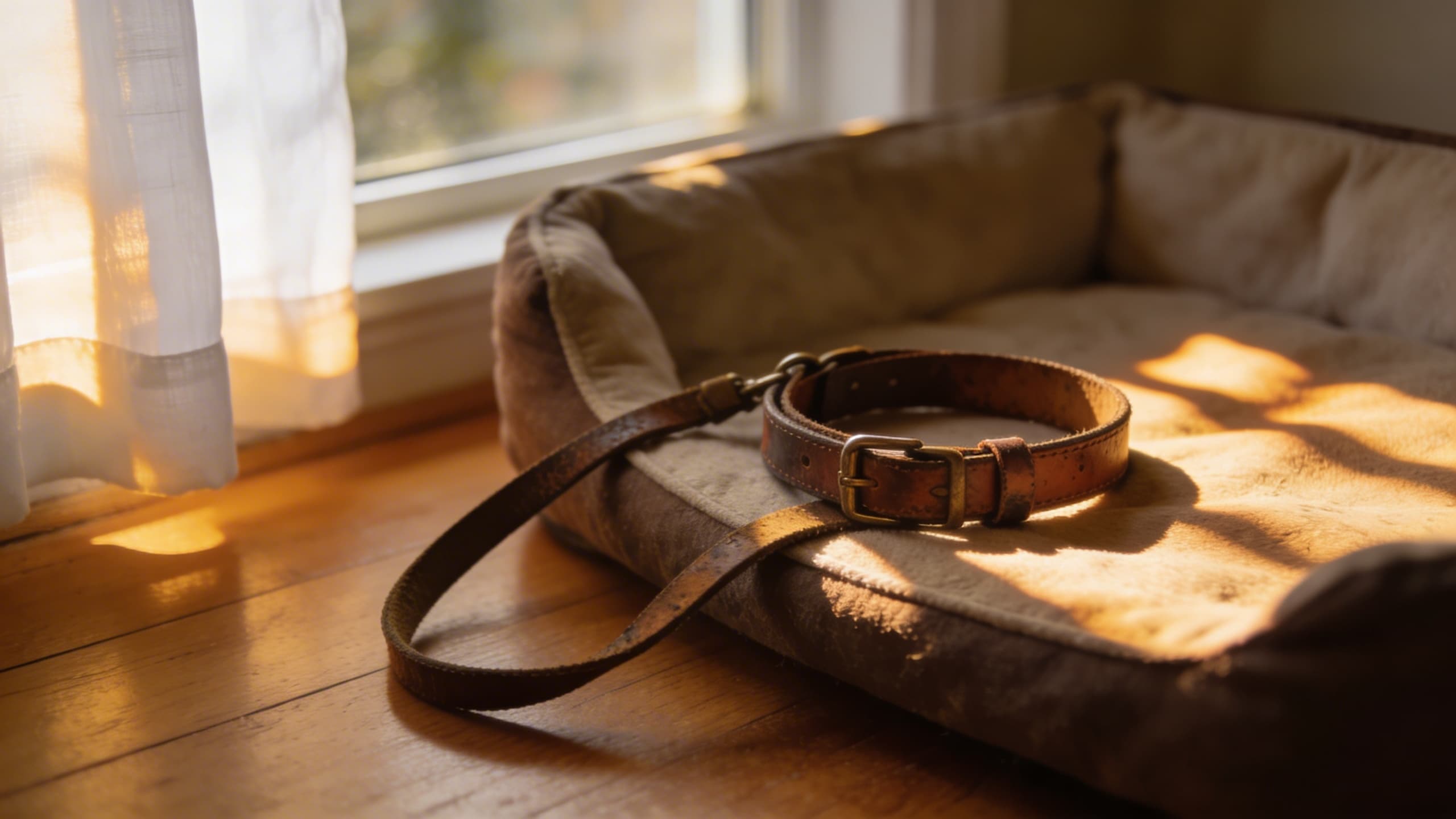 A dog's collar and leash resting on an empty pet bed in soft morning light