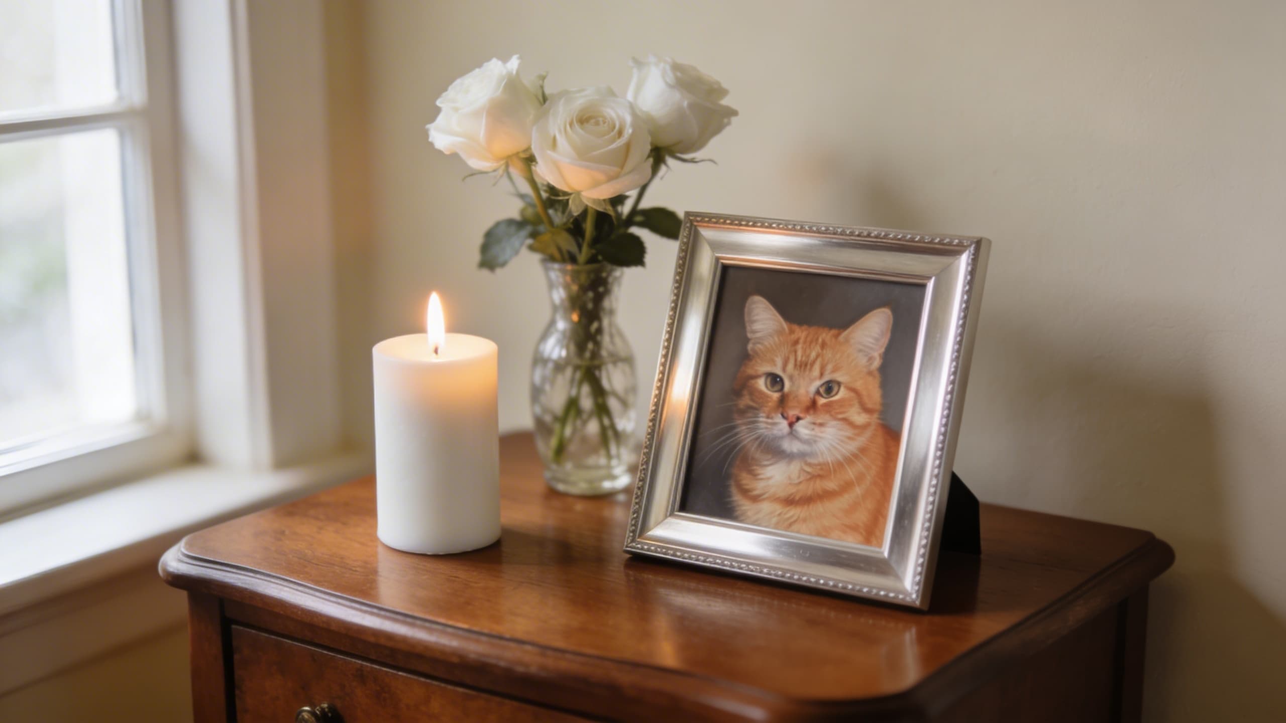A small memorial table with a lit candle, white flowers, and a framed photograph of a cat