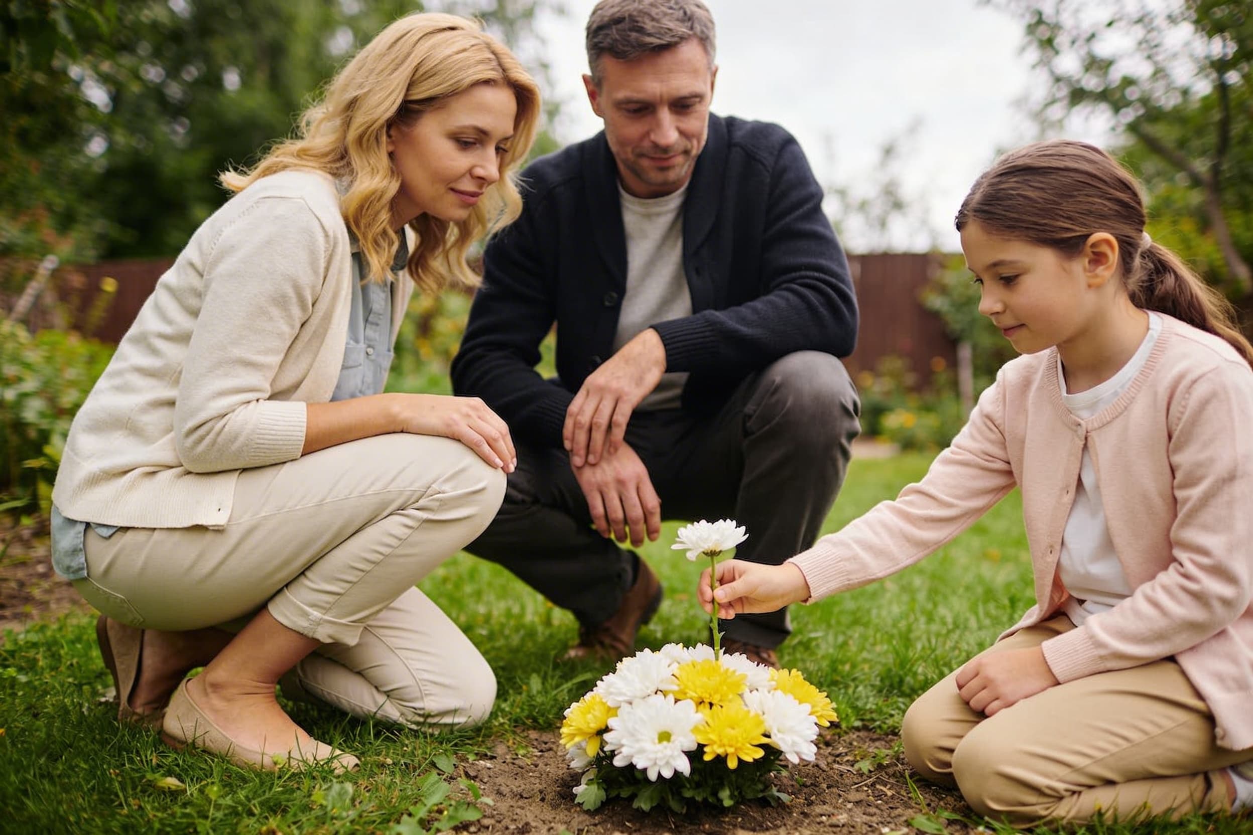A small family gathered in a garden setting for an intimate pet memorial ceremony with flowers and candles