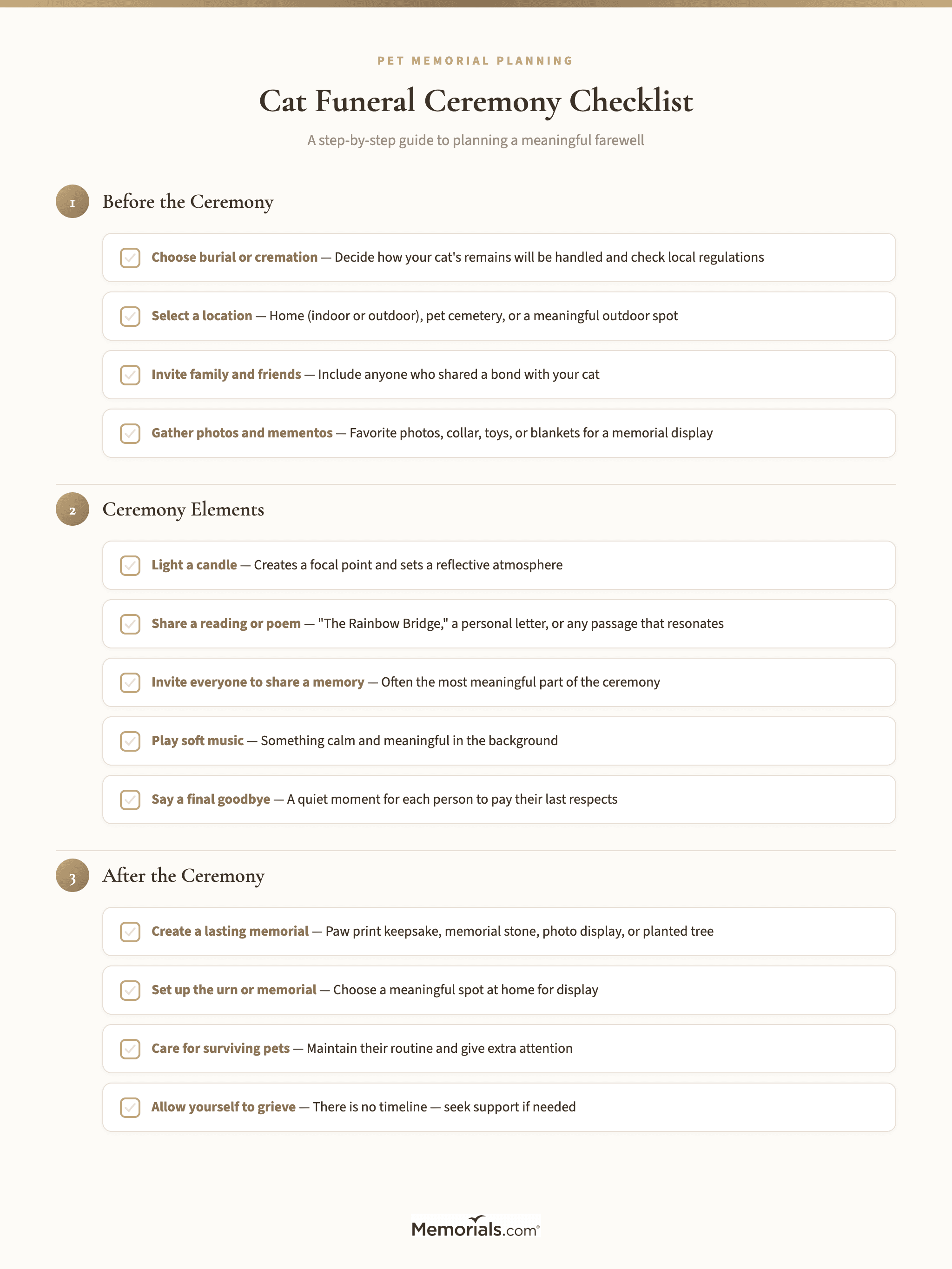 Checklist of ceremony elements: location, burial/cremation decision, candle, photos, readings, sharing memories, music, final goodbye, lasting memorial