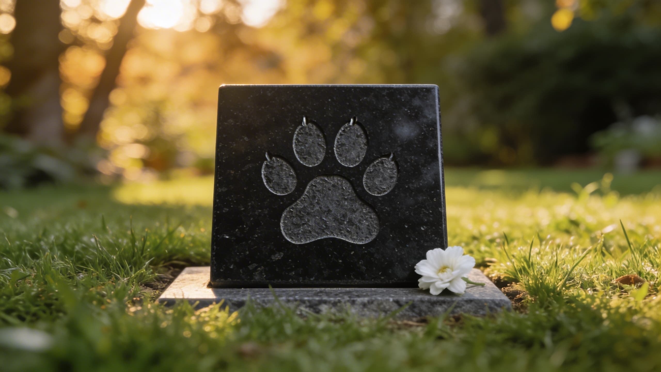 A black granite pet grave marker with etched paw prints placed on green grass in a peaceful garden