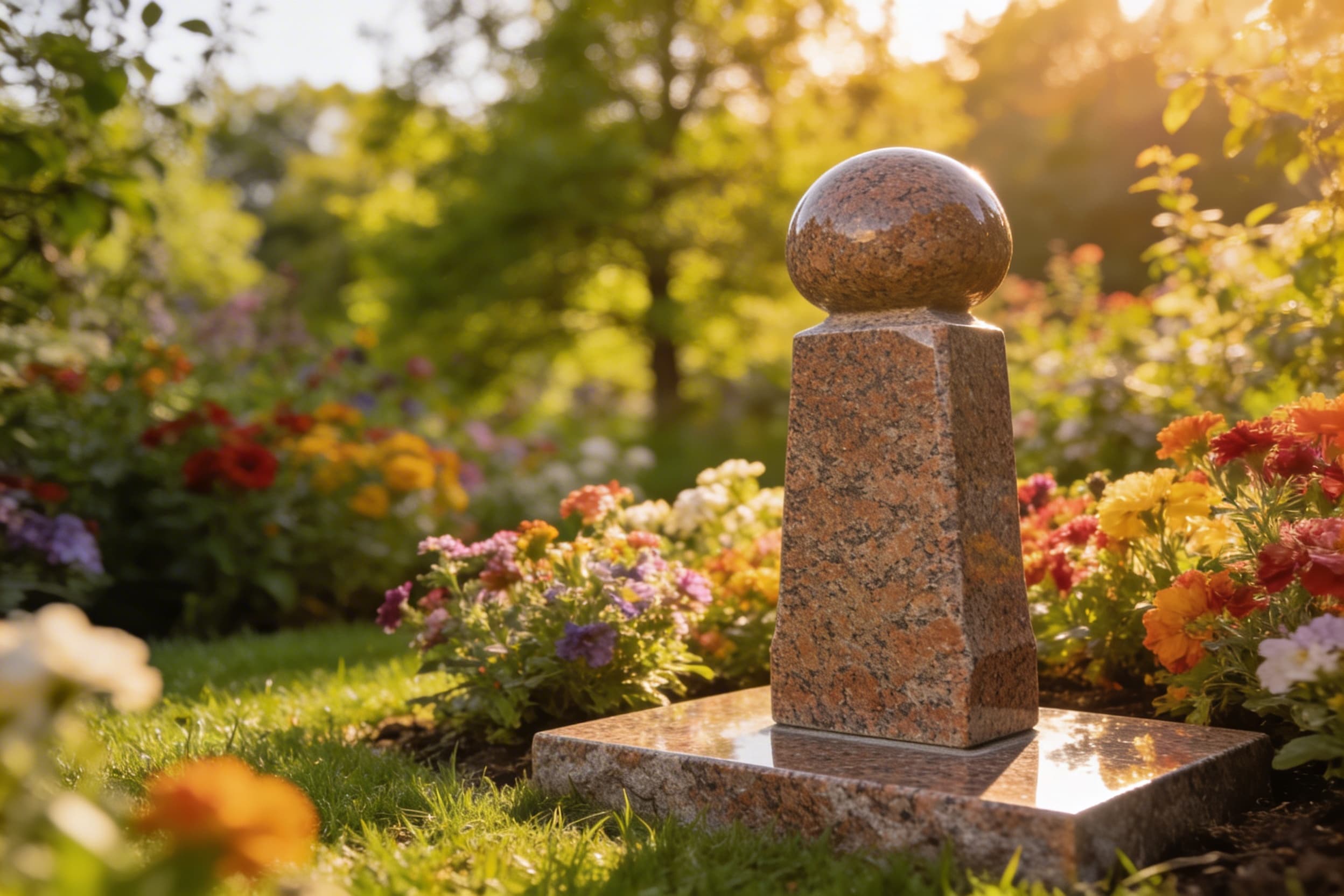 A small upright granite pet monument with a laser-etched dog portrait placed in a garden with flowers