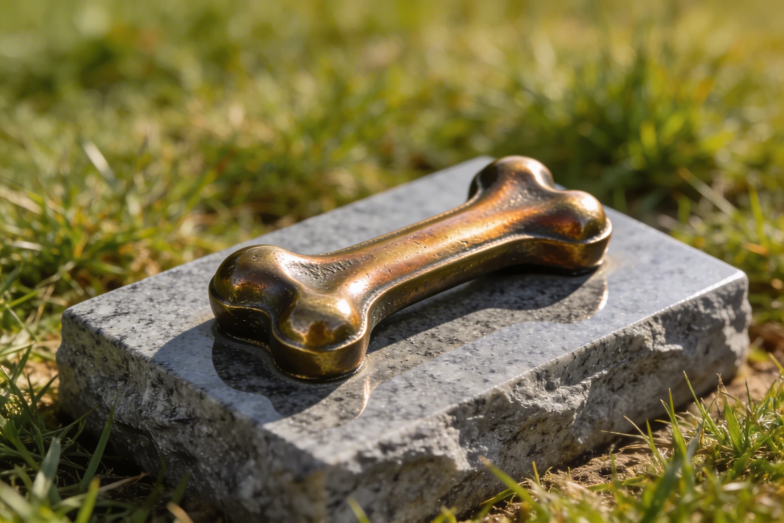 A close-up of a cast bronze pet headstone showing personalized engraving with a pet's name and dates on a polished granite base