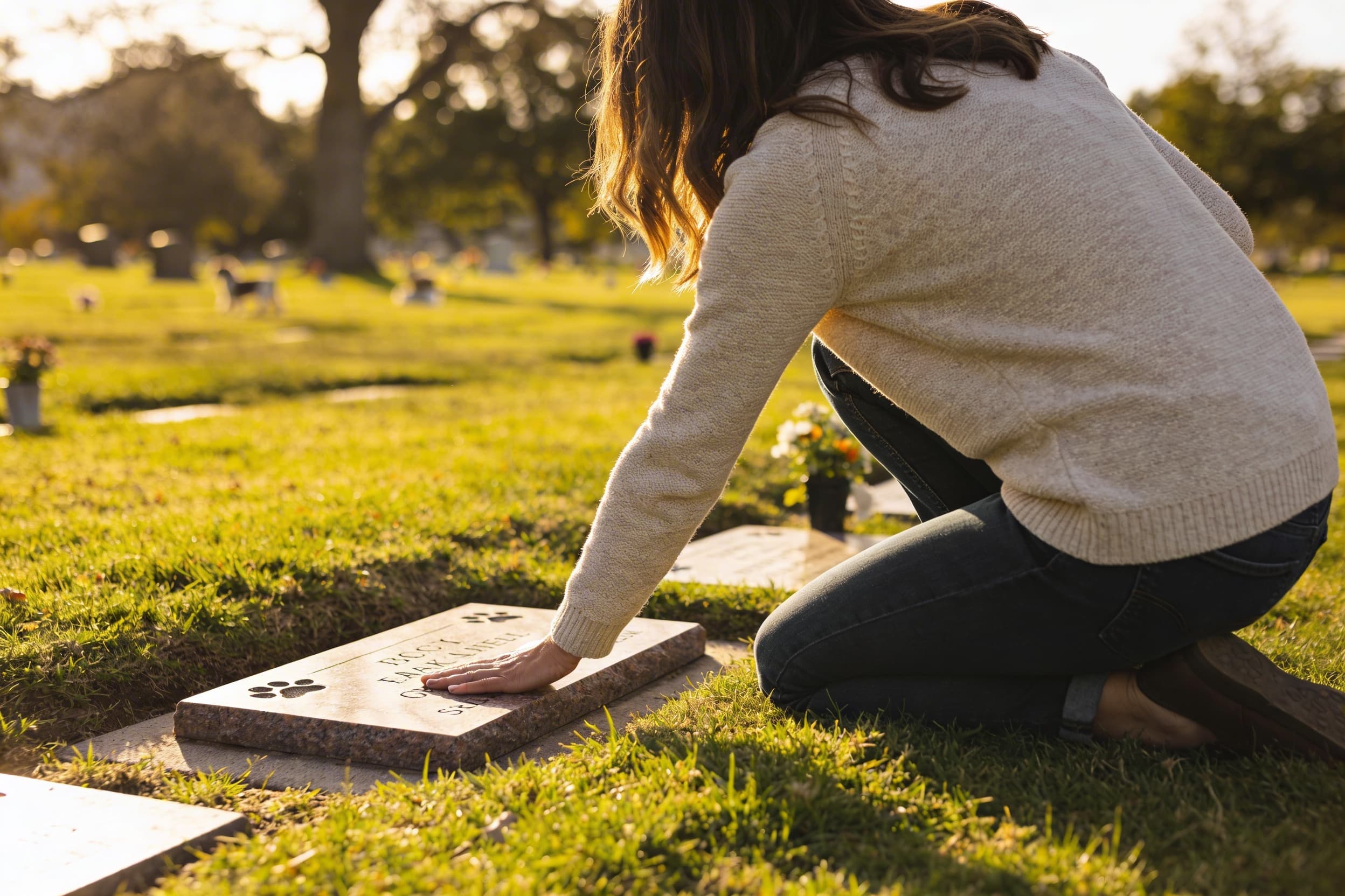 A family visiting a pet's grave in a peaceful pet cemetery with a flat granite marker surrounded by grass and flowers