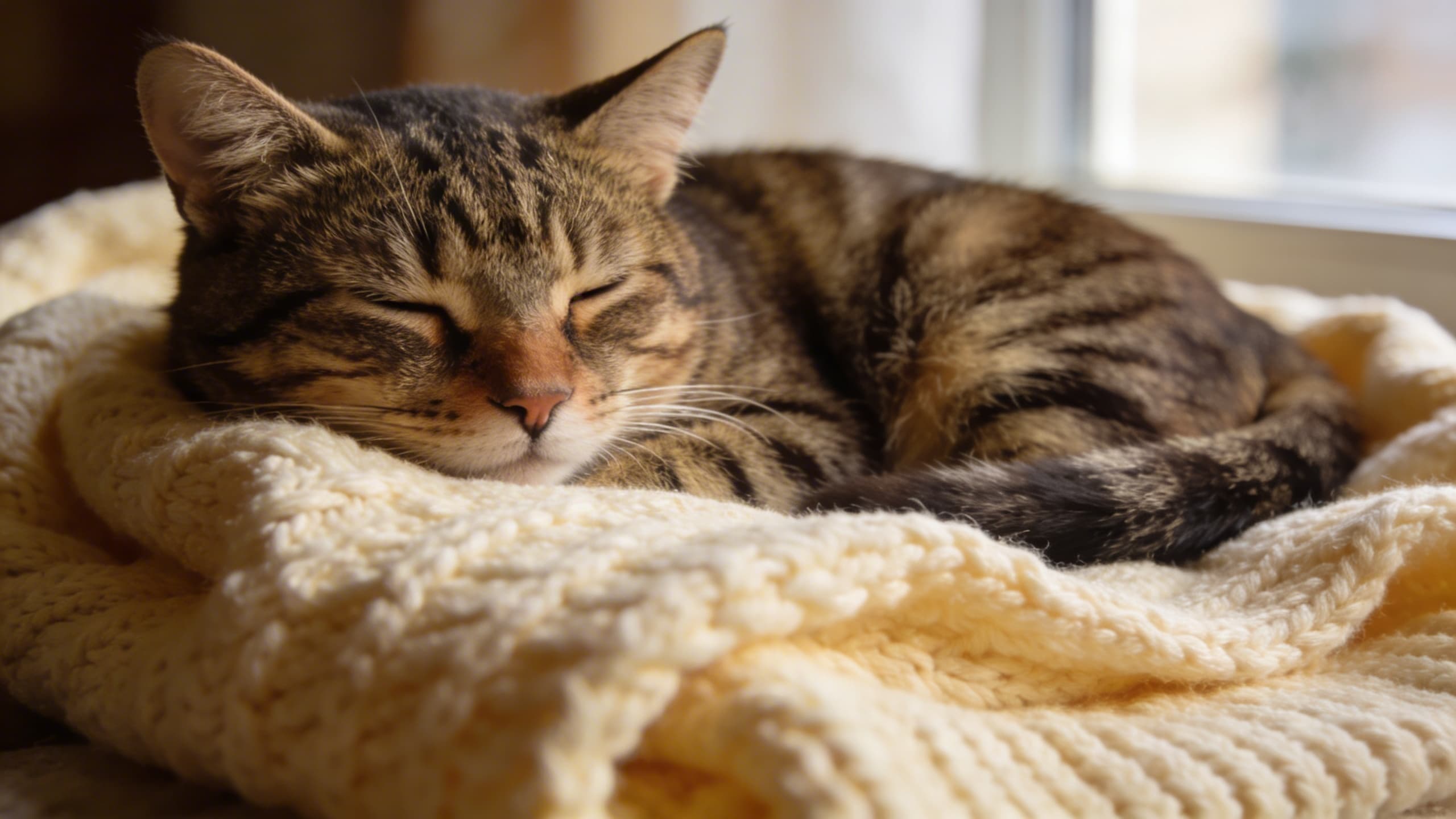 A peaceful tabby cat resting on a warm cream-colored blanket in soft natural light