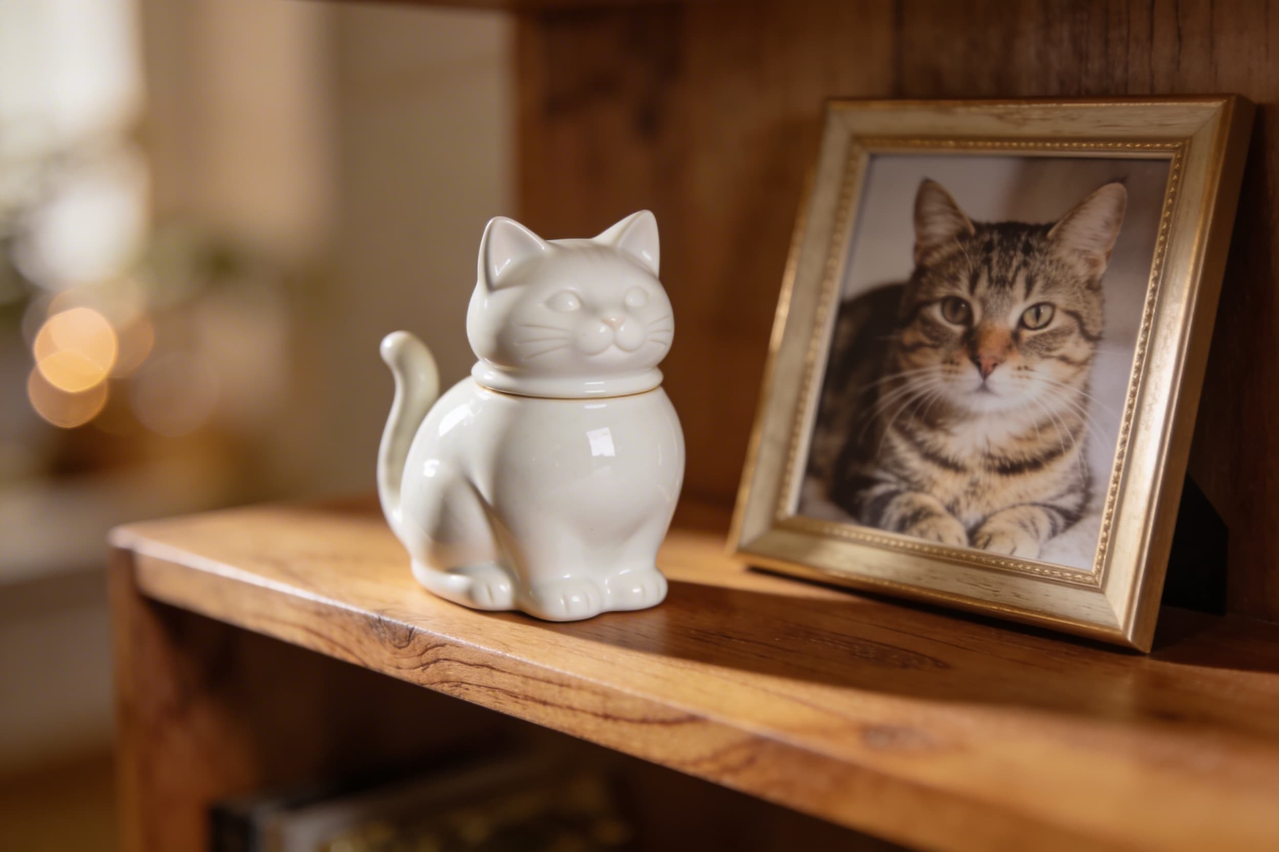 A small white ceramic cat urn on a wooden shelf beside a framed photo of a tabby cat with soft warm lighting