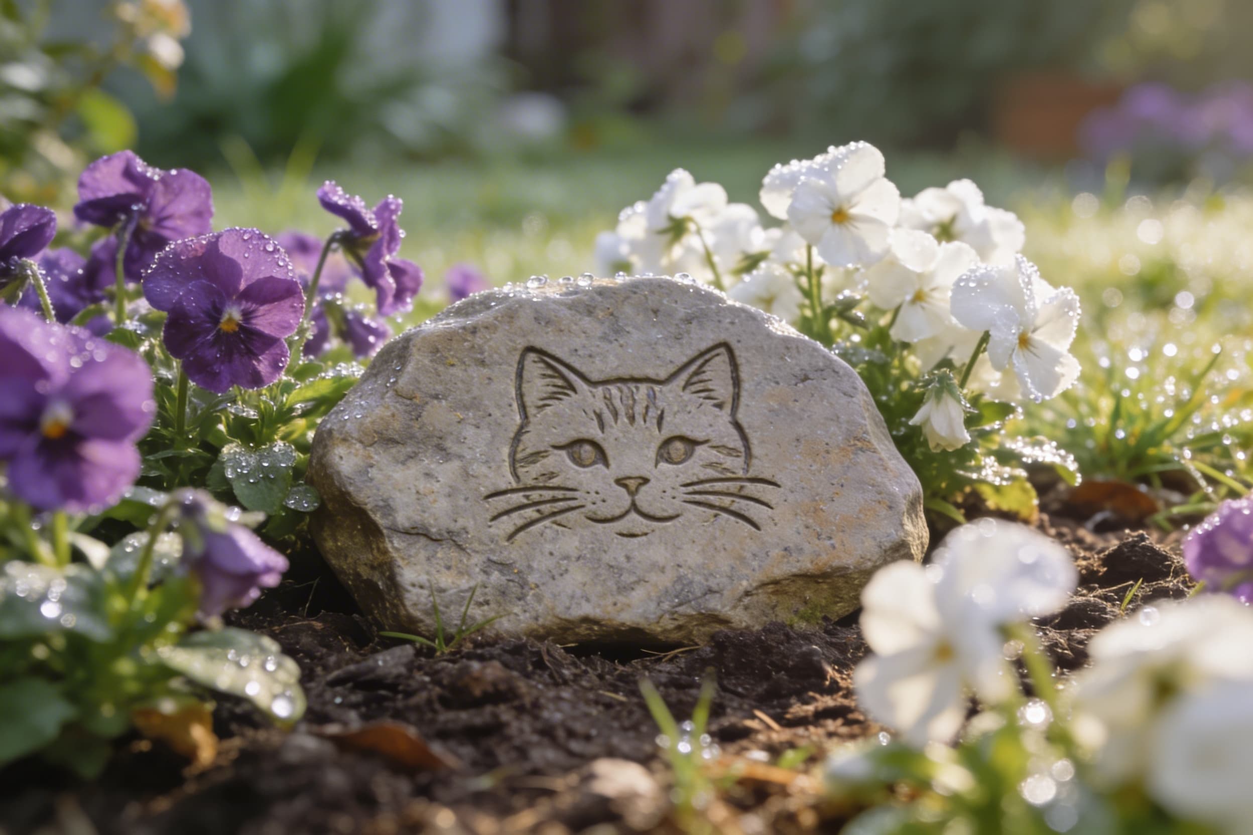 A small cat memorial stone surrounded by purple flowers in a garden setting with soft morning light