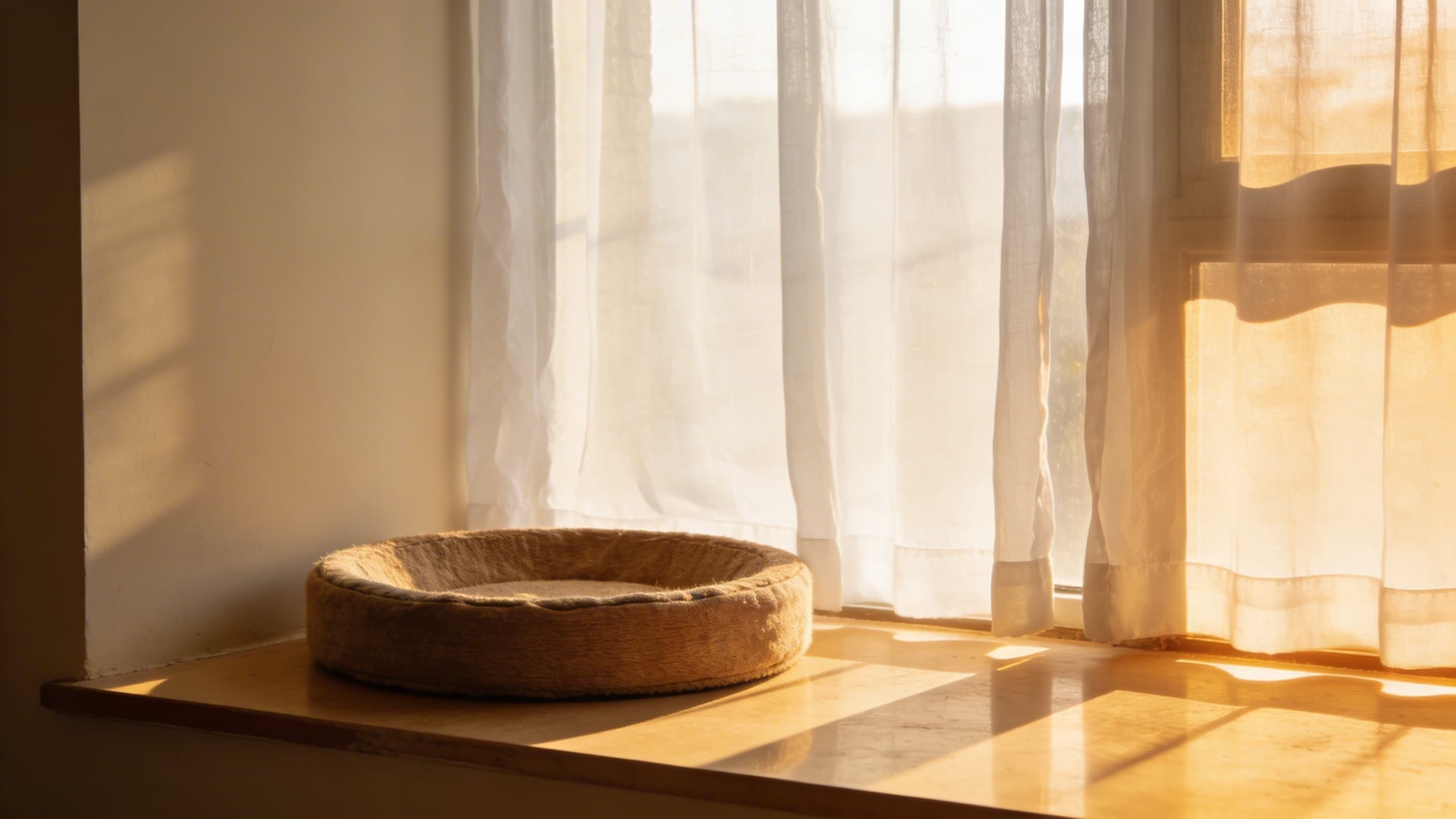 An empty sunny windowsill with a small cat bed and soft morning light filtering through sheer curtains