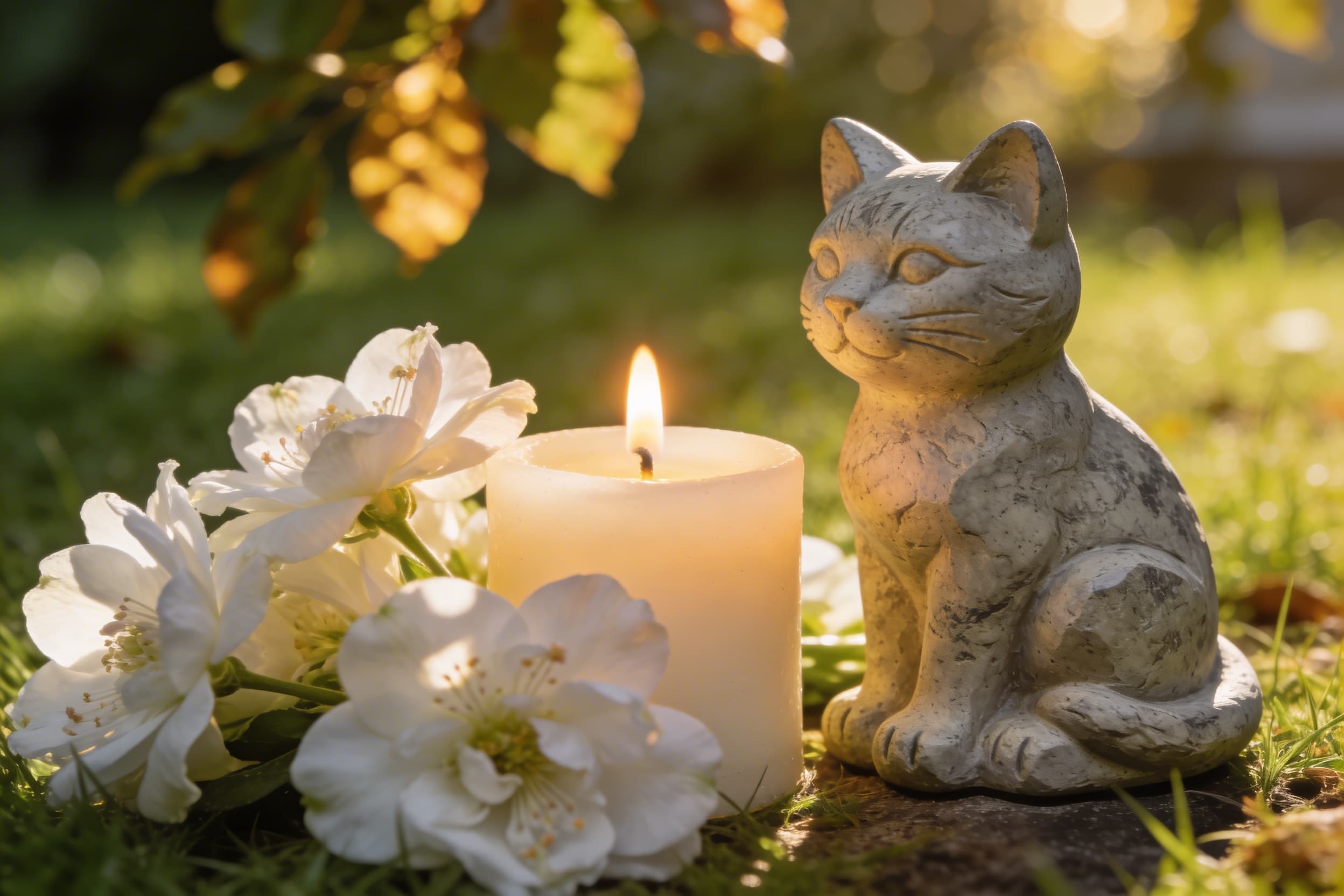 A peaceful garden memorial setting with a small cat figurine beside a lit candle and fresh flowers