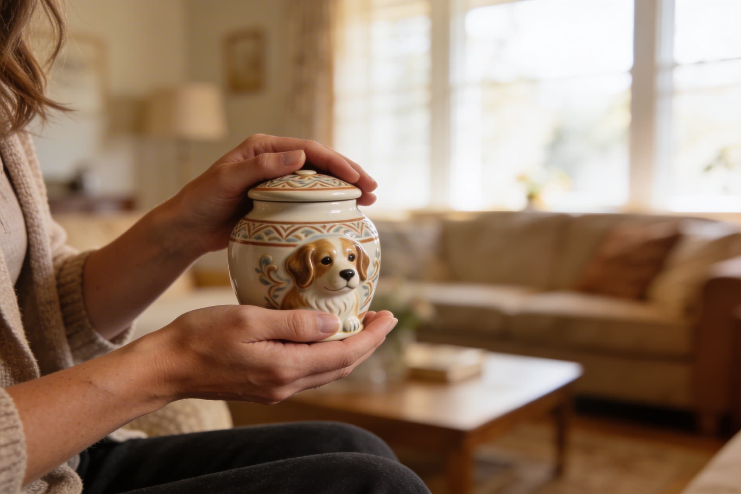 A woman's hands gently holding a small decorative cat urn in a warm living room with soft natural light