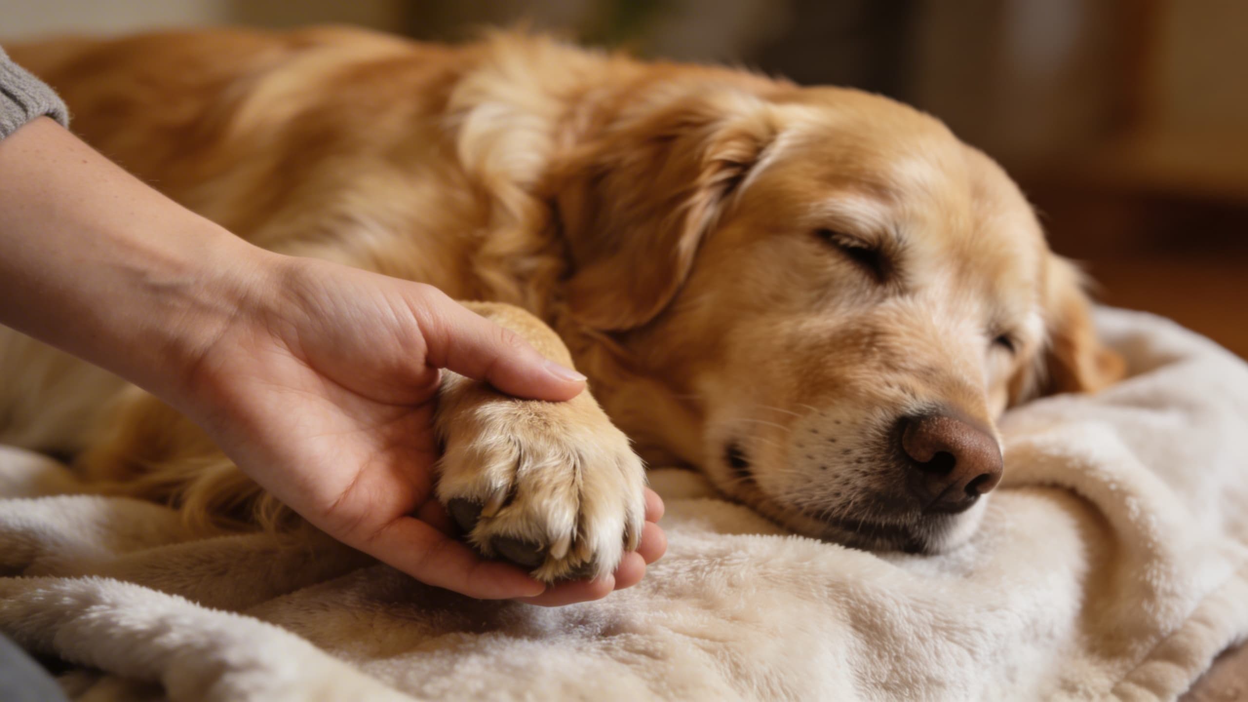 A person gently holding the paw of a resting senior golden retriever in warm soft light