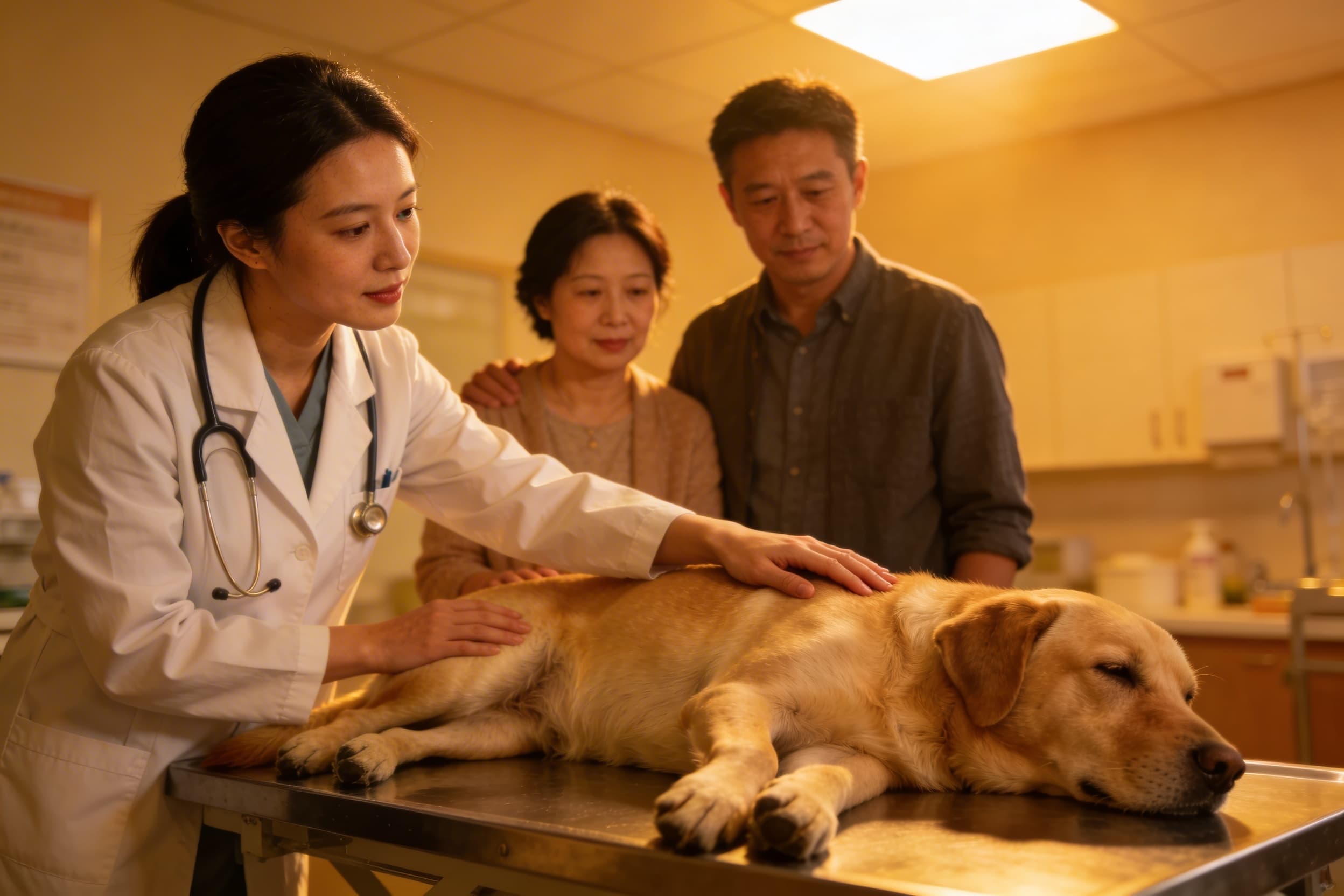 A veterinarian gently comforting a family with their resting dog in a peaceful, warmly lit room