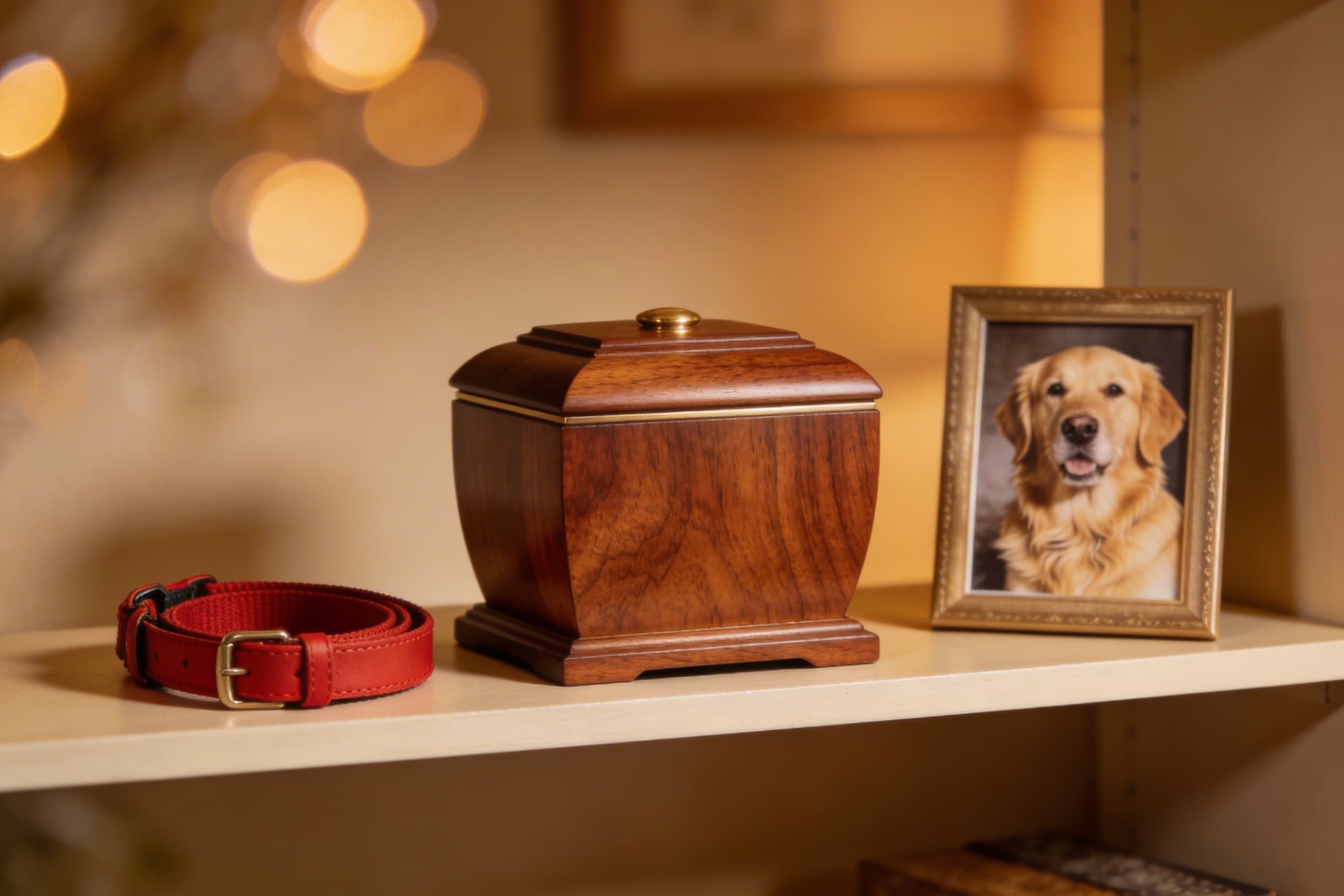 A wooden dog memorial urn displayed on a shelf beside a dog collar and framed photo in warm light