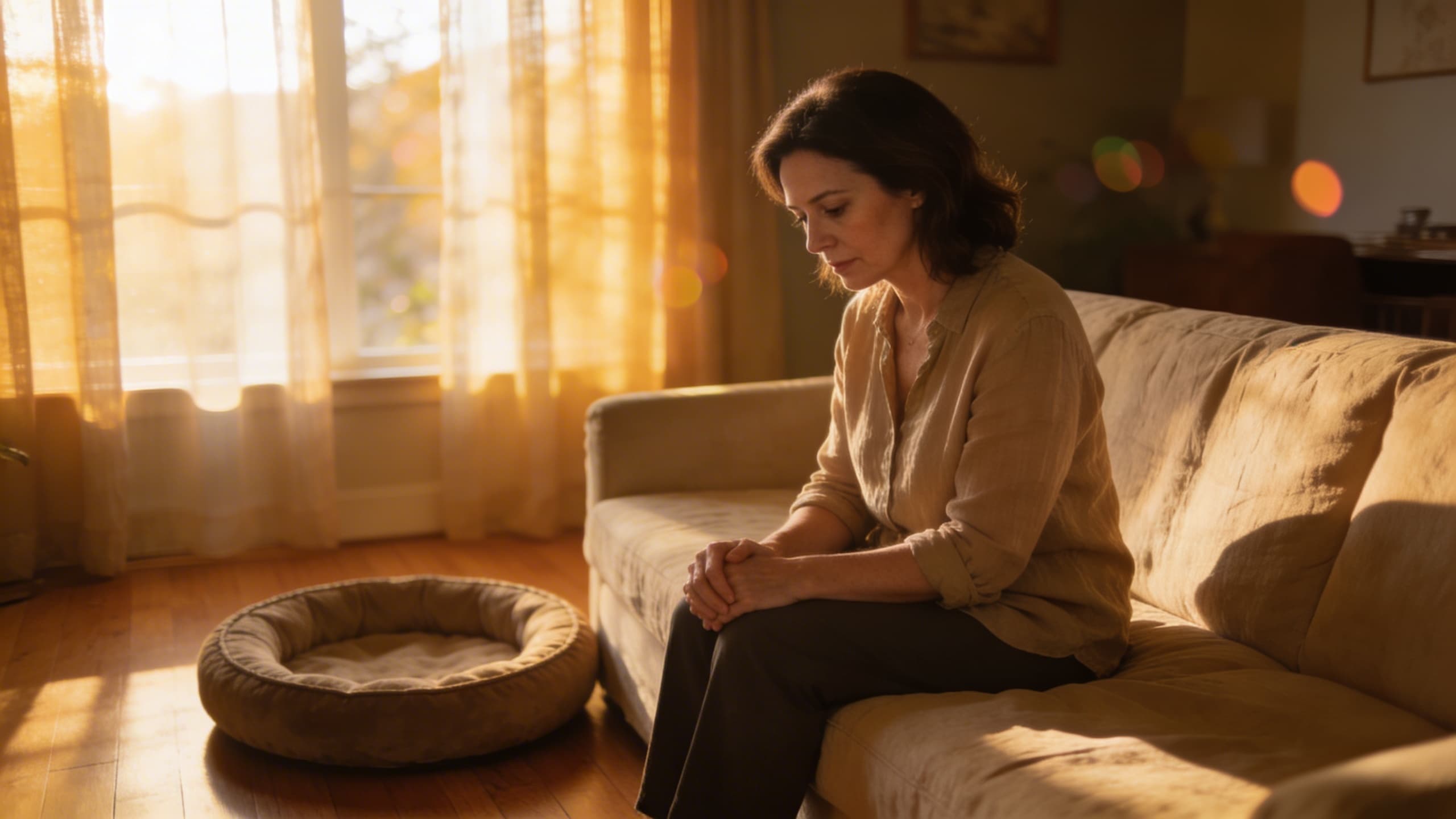 A woman sitting quietly on a couch in soft window light with an empty pet bed visible on the floor beside her