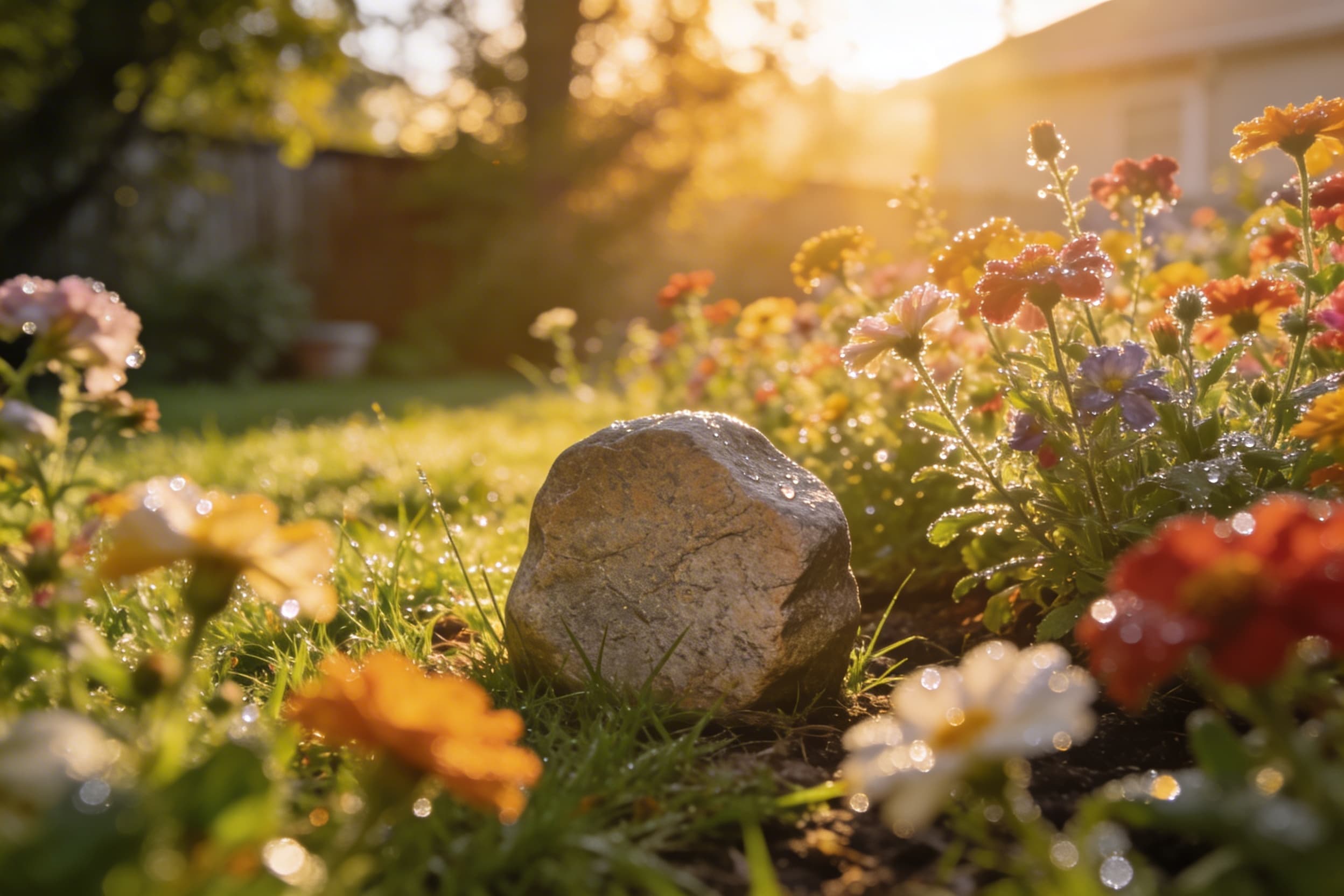 A soft sunrise casting golden light over a backyard garden with a small engraved memorial stone placed among flowers