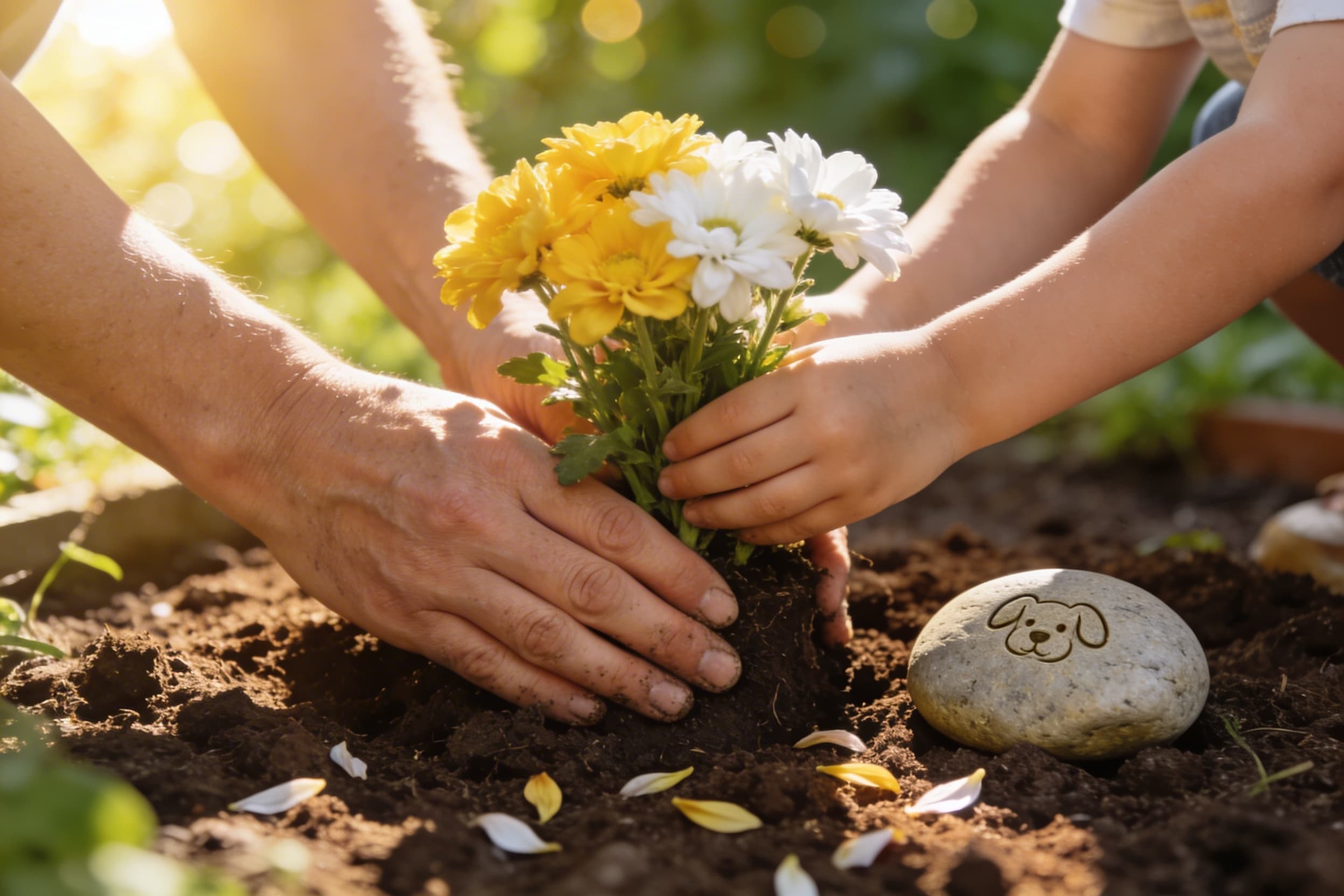 Close-up of a family's hands planting bright flowers beside a small pet memorial stone in a garden setting with warm afternoon light