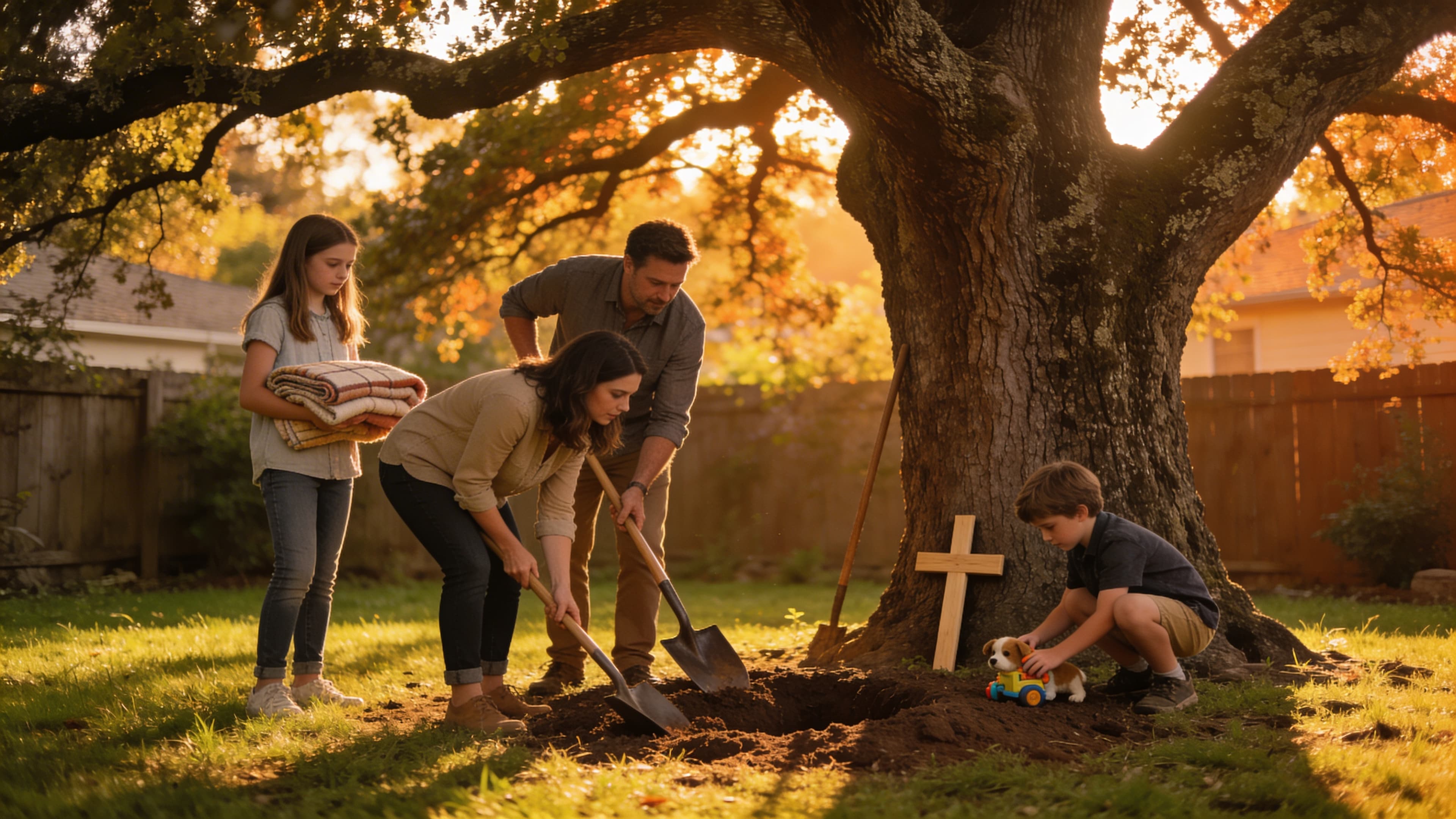 A family gathered in a peaceful backyard at golden hour preparing a shaded area under a tree for a pet burial