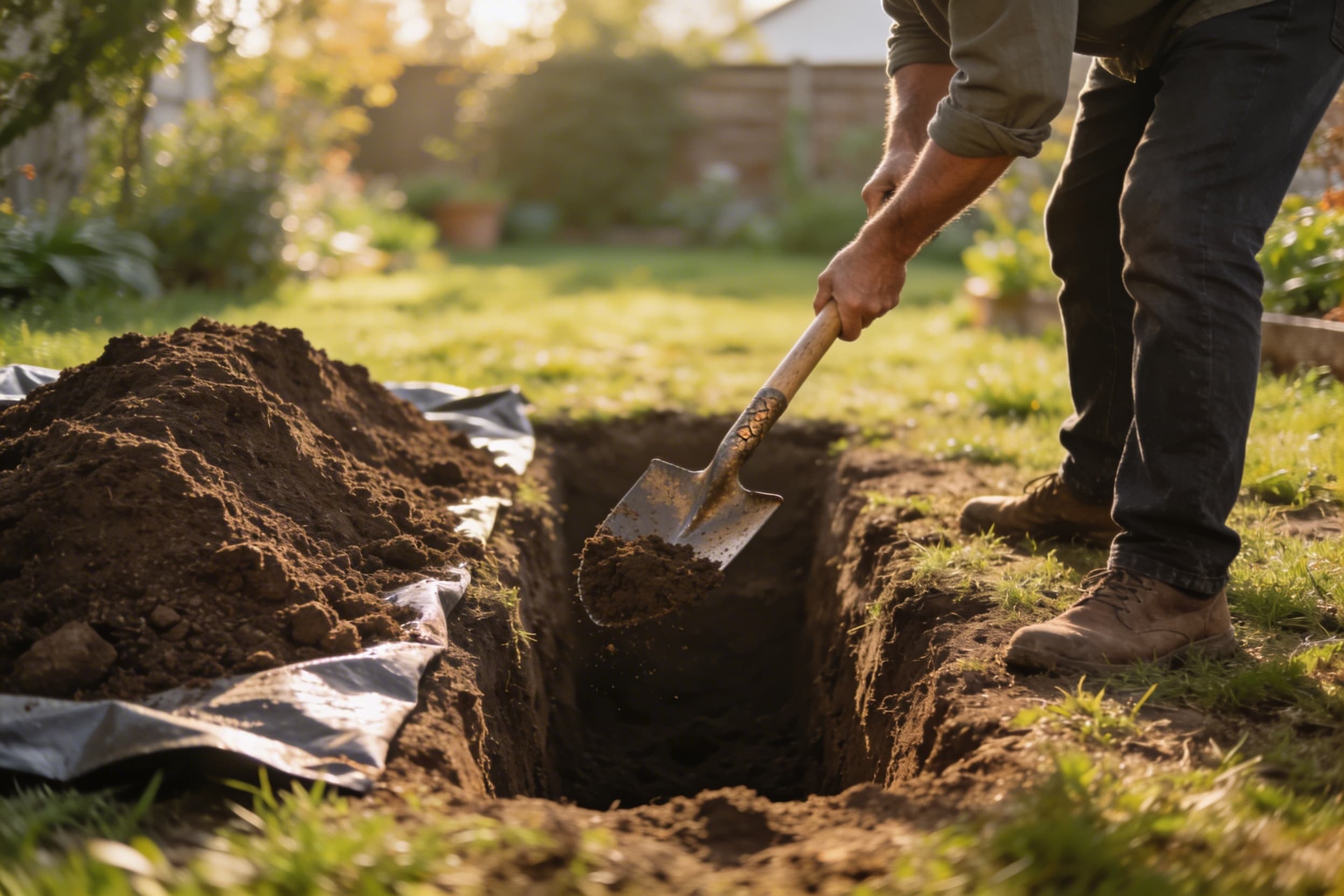 A person carefully digging a deep grave in a garden with a spade, measuring stick visible alongside the hole