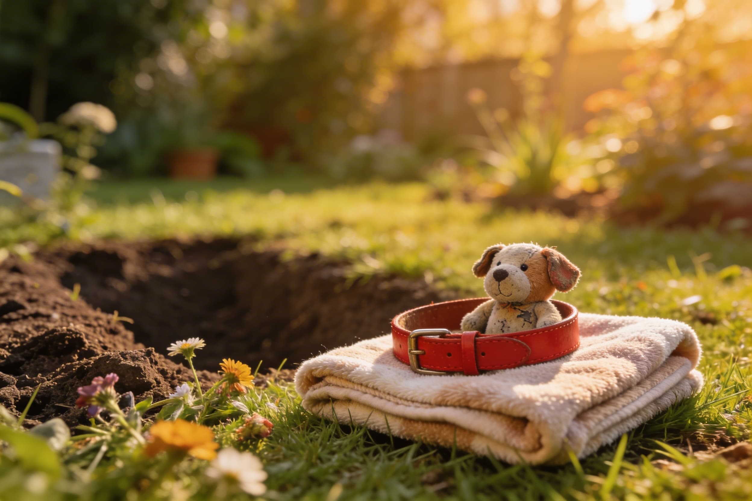 A dog's collar, small plush toy, and folded blanket placed beside a freshly prepared garden grave with flowers nearby
