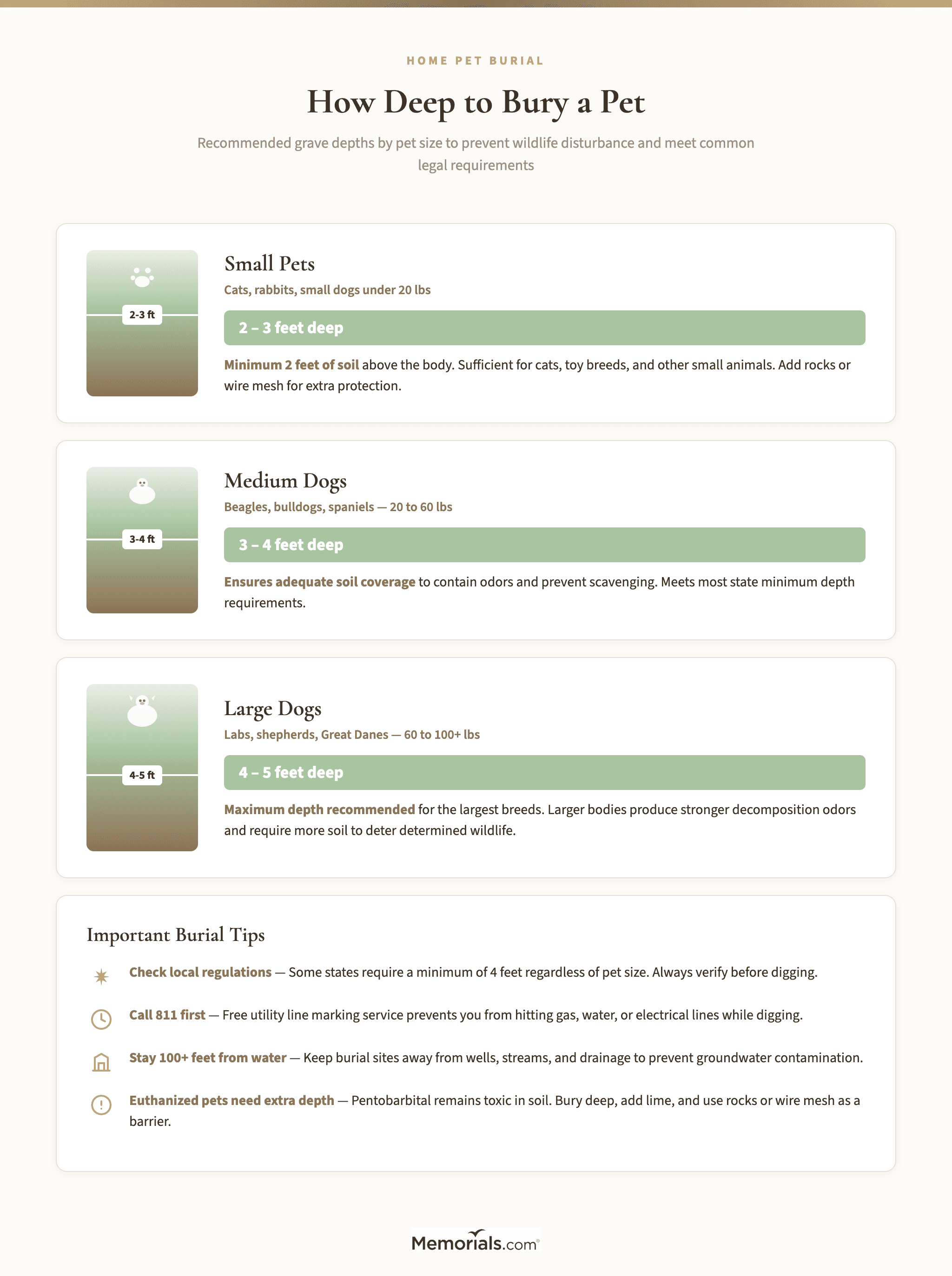 Recommended burial depth by pet size with visual depth chart