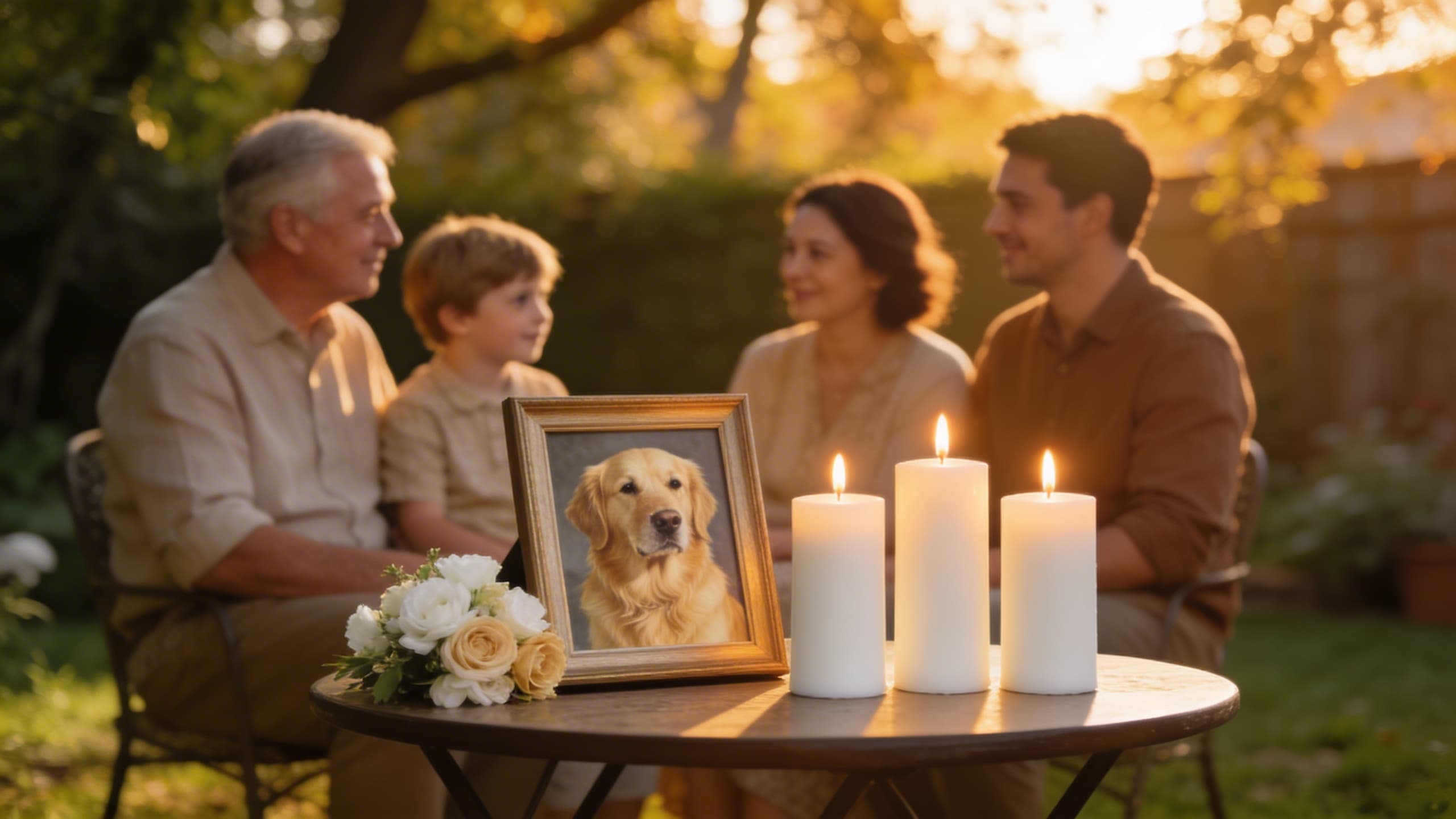 A family gathered around a living room table with a framed dog photo, lit candles, and a small floral arrangement for a dog funeral ceremony