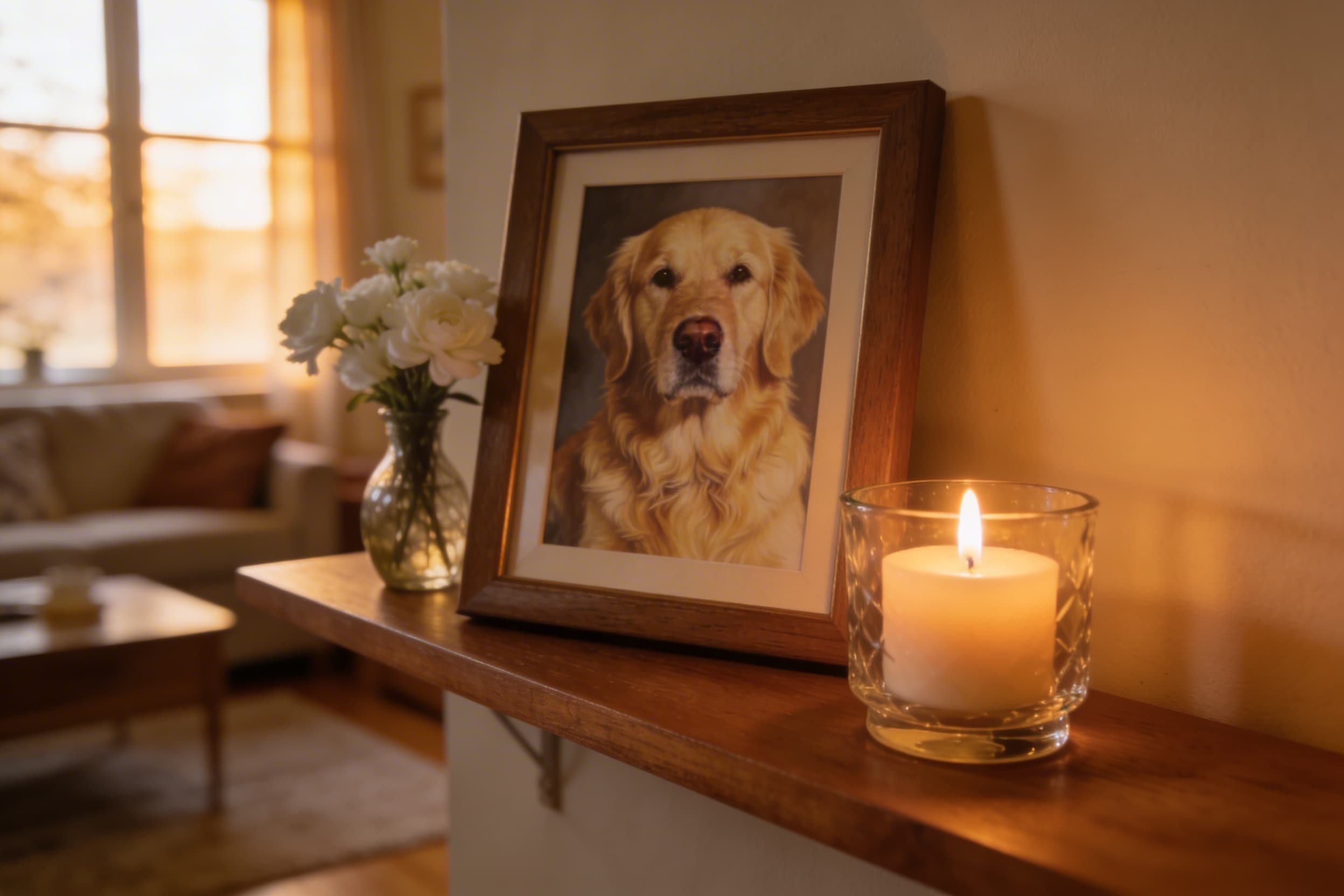 A lit memorial candle beside a framed photograph of a golden retriever on a wooden shelf, with a small vase of white flowers