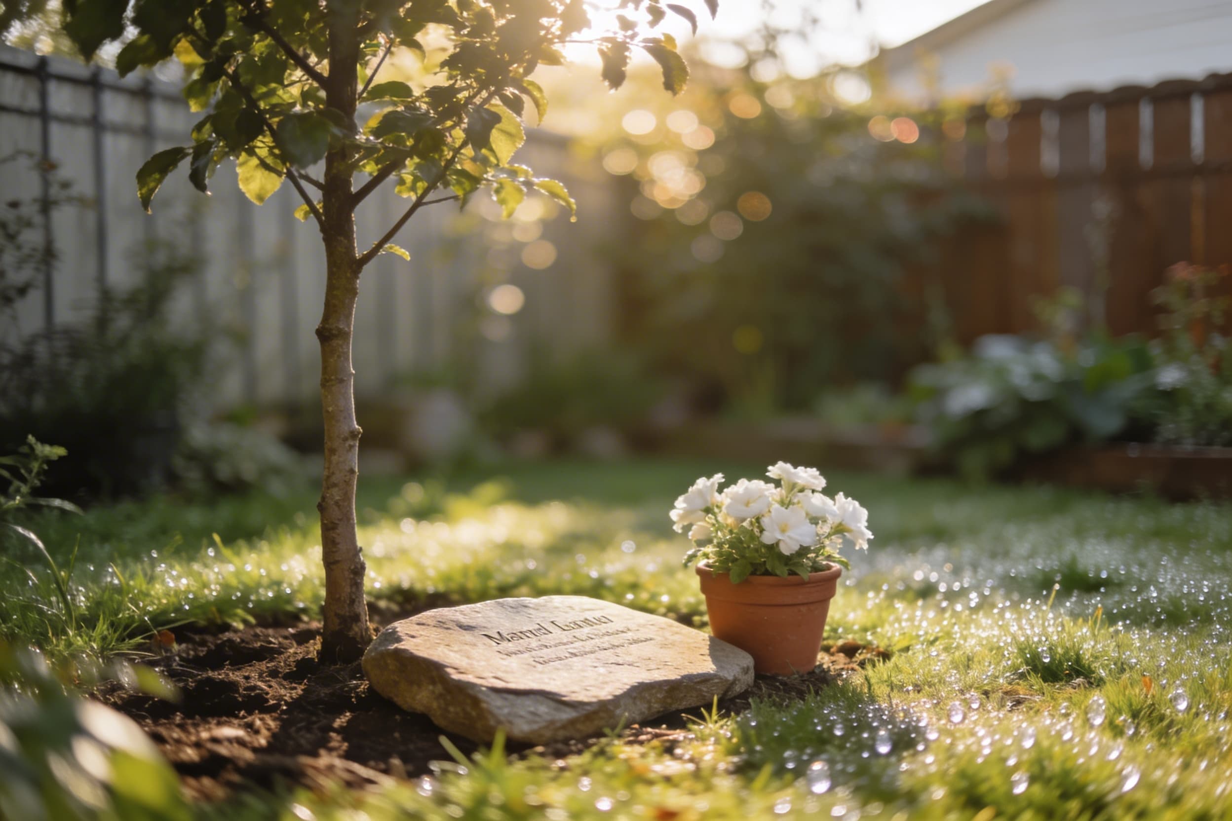 A peaceful memorial garden corner with a young tree planted beside a natural stone marker and blooming white flowers in morning sunlight