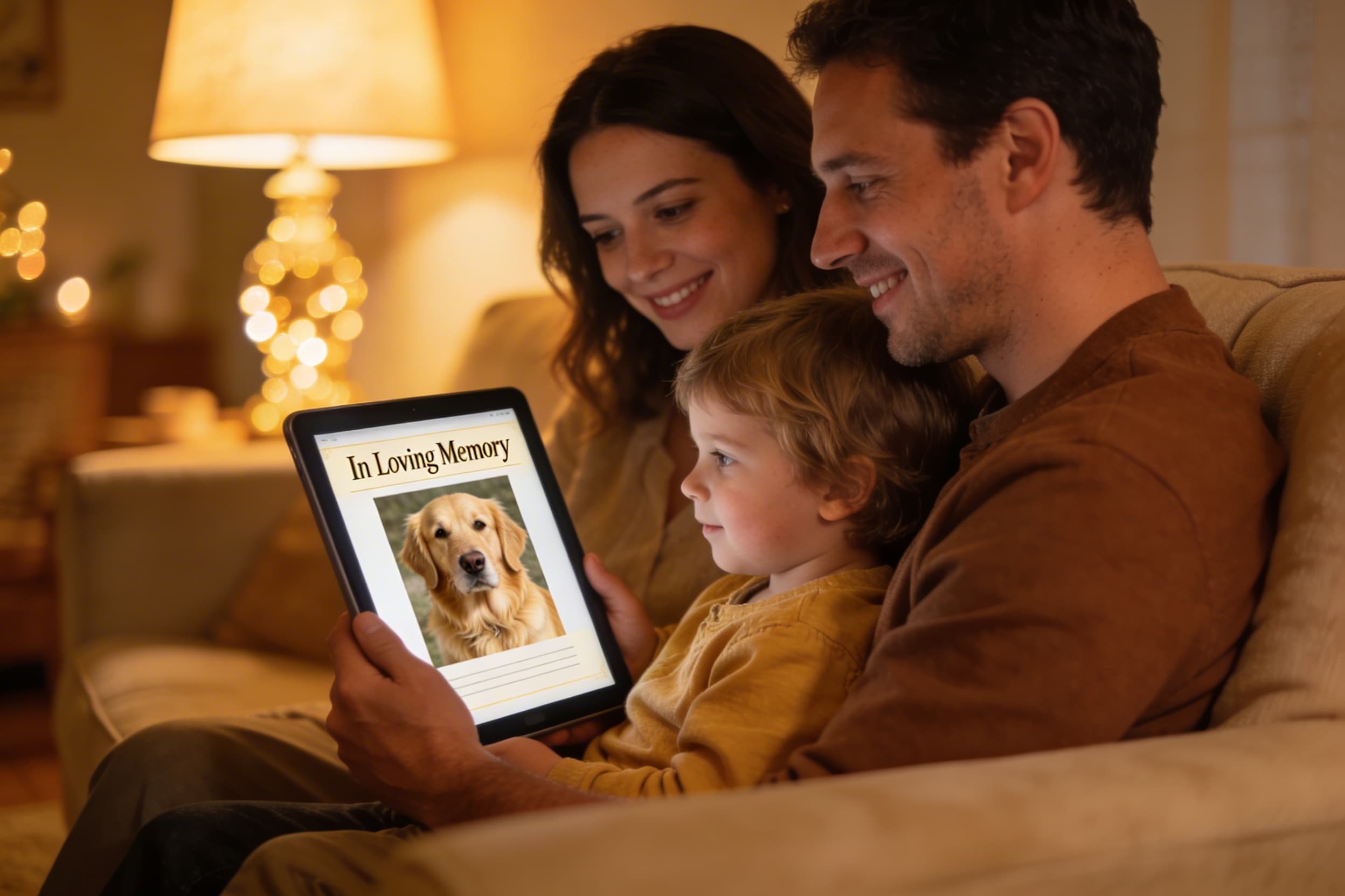 A family sitting together on a couch viewing a pet memorial tribute page on a tablet, with warm living room lighting