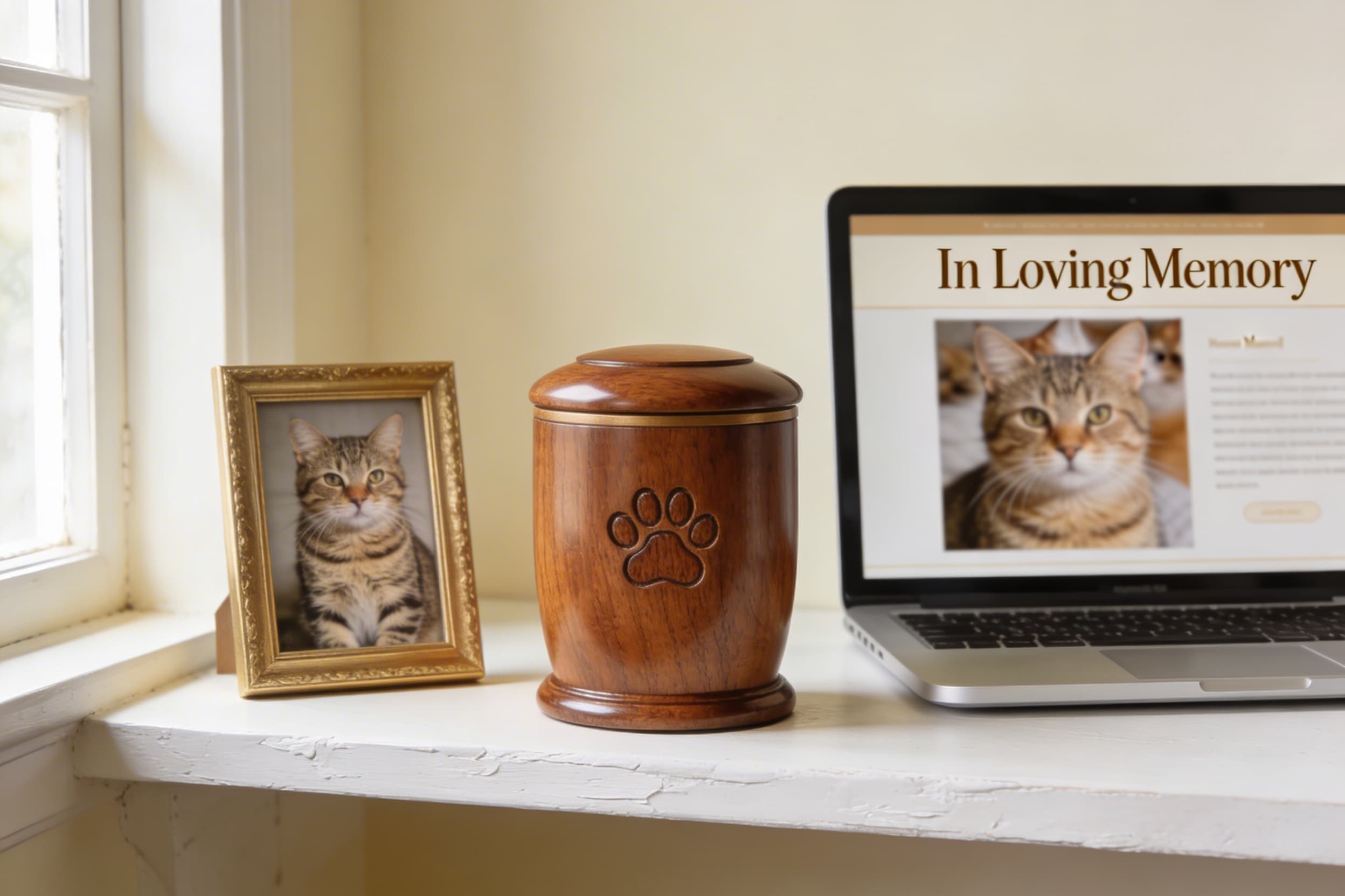 A small wooden pet urn and a framed pet photo sitting on a shelf beside an open laptop displaying an online pet memorial page