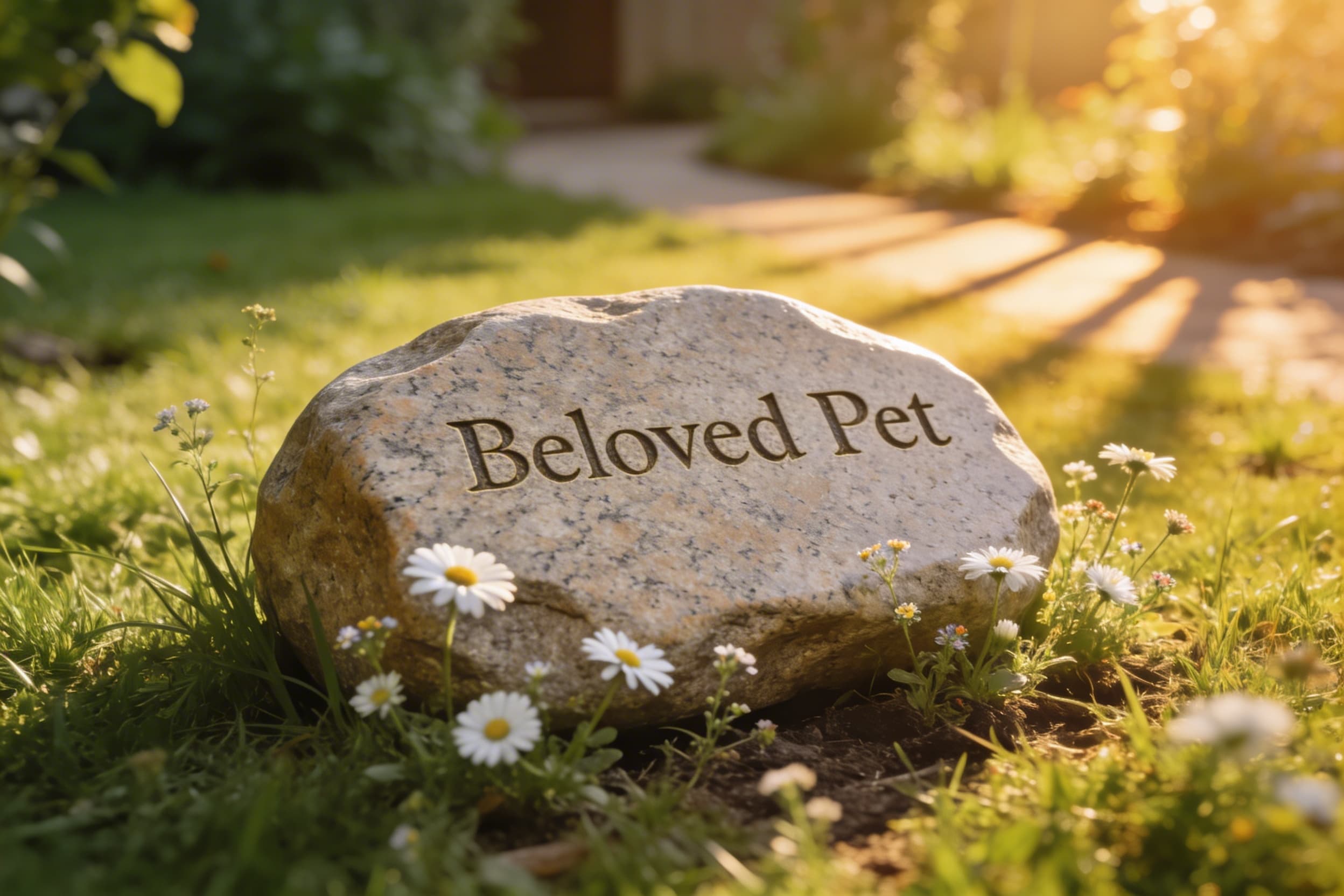 A personalized pet memorial garden stone surrounded by small white flowers in warm golden hour sunlight