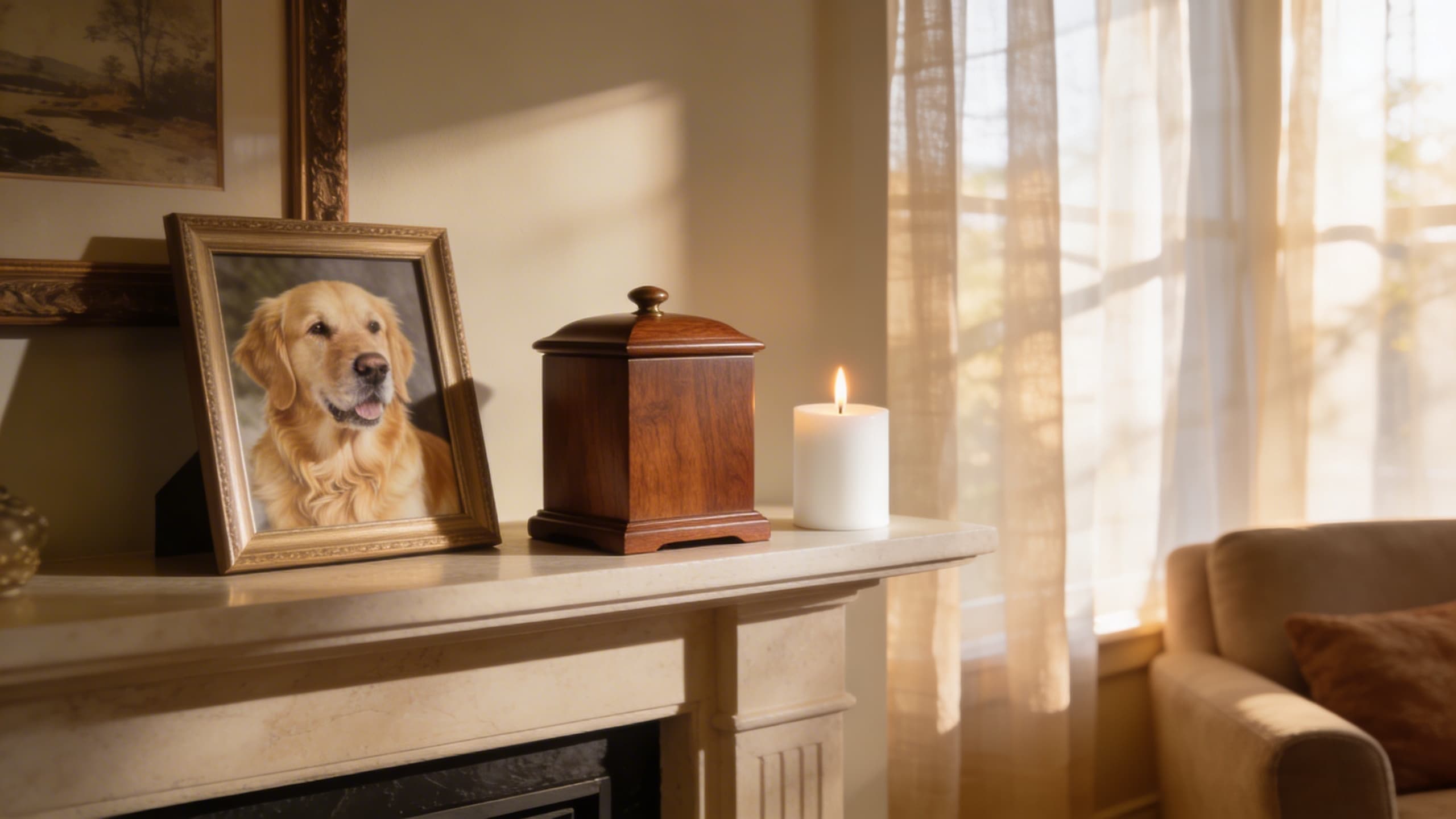 A warm sunlit living room with a small wooden pet urn on a mantelpiece beside a framed photograph of a golden retriever and a white candle