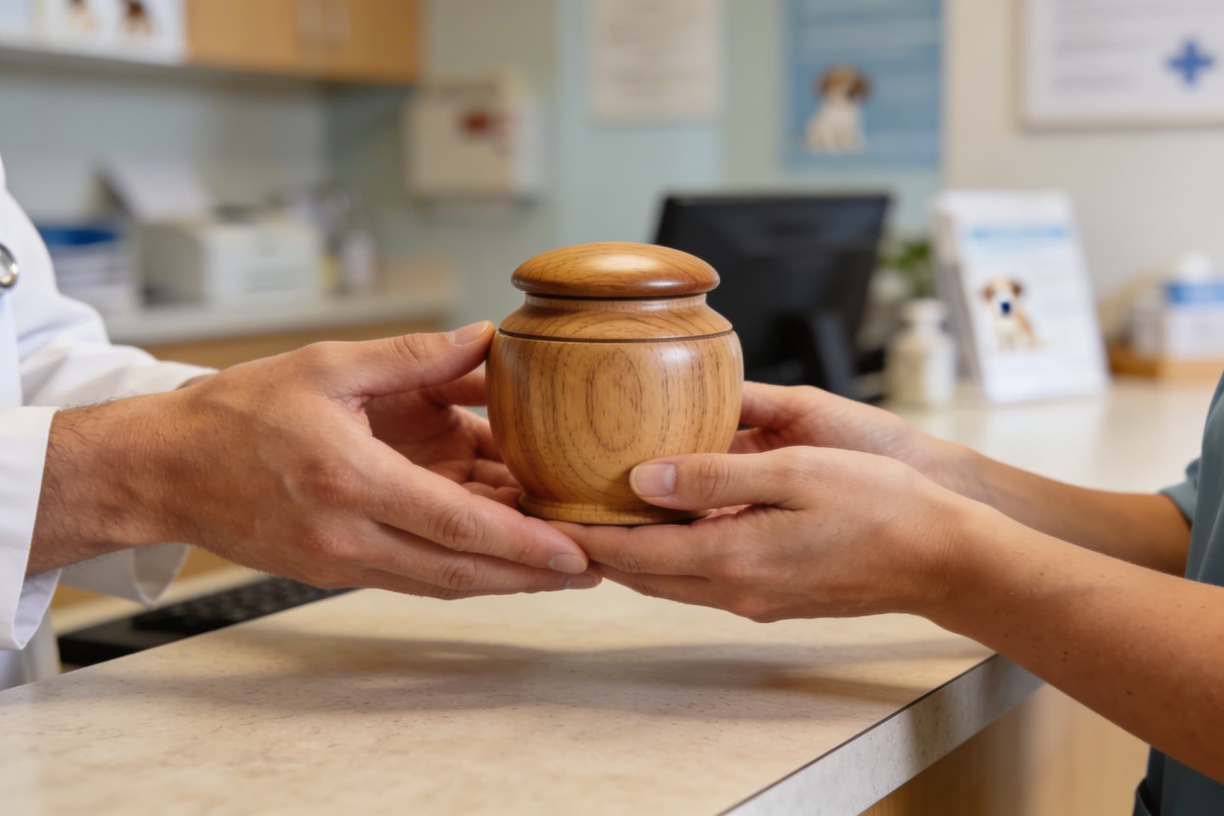 A family gently receiving a small wooden pet urn containing their pet's cremated remains from a veterinary office counter