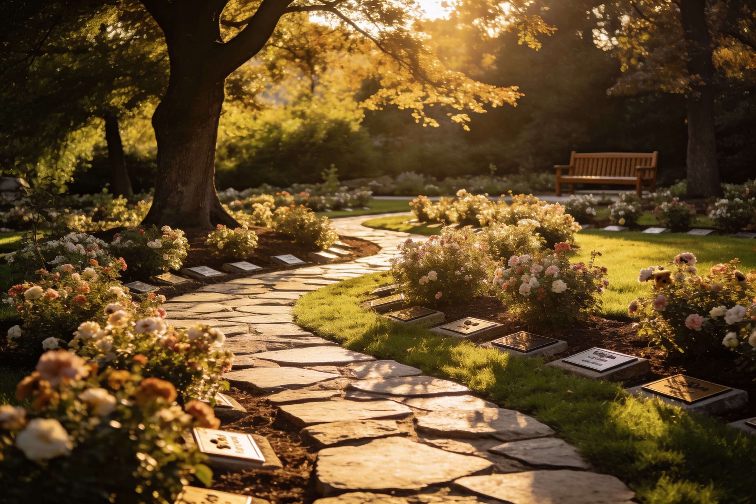 A serene memorial garden at a pet crematory with stone pathways, flowering plants, and small memorial plaques set among greenery