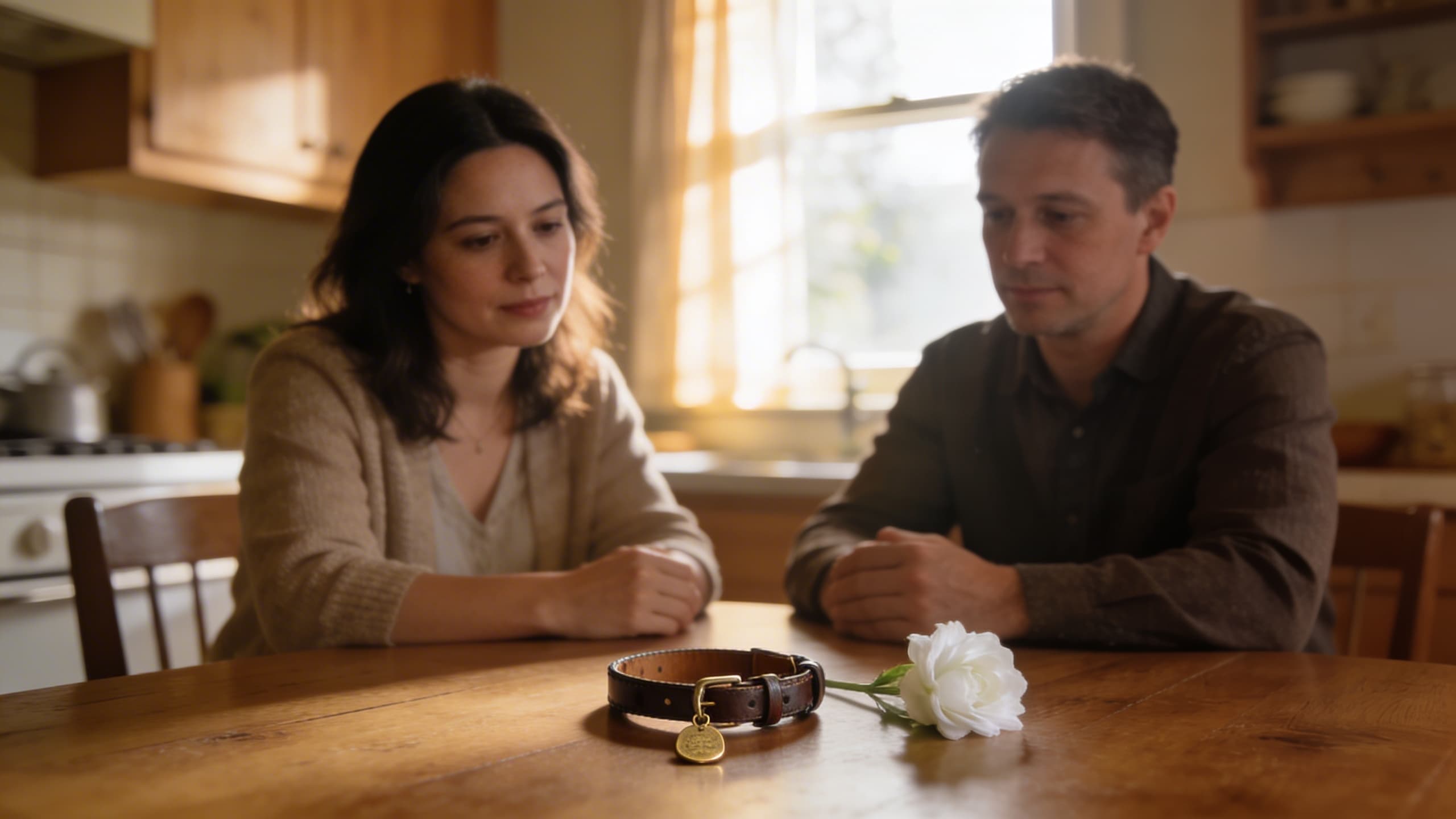 A family sitting together at a kitchen table with a pet collar and leash resting between them, soft morning light through a window