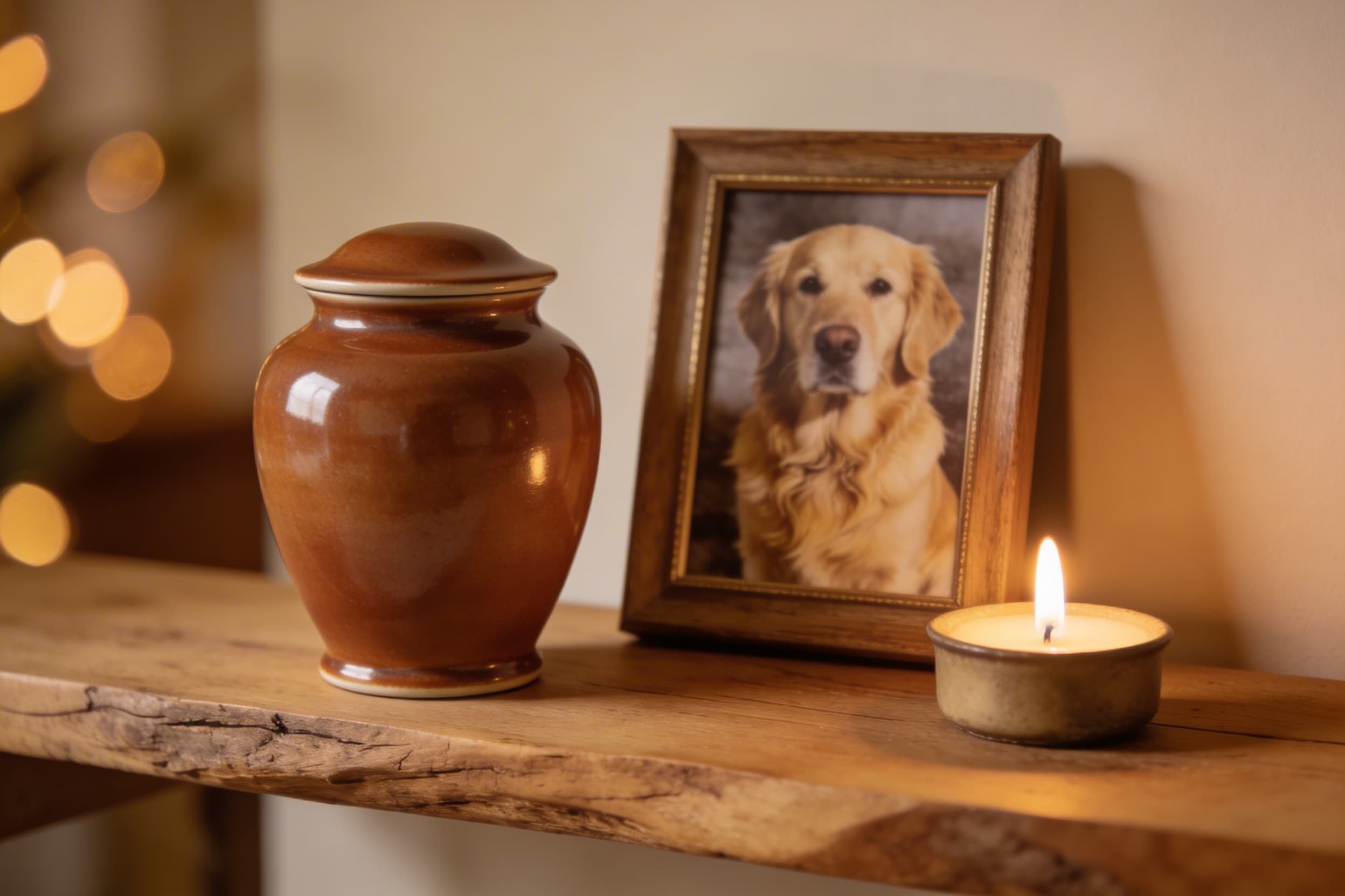 A small ceramic pet urn displayed on a wooden shelf beside a framed photo of a golden retriever and a single lit candle