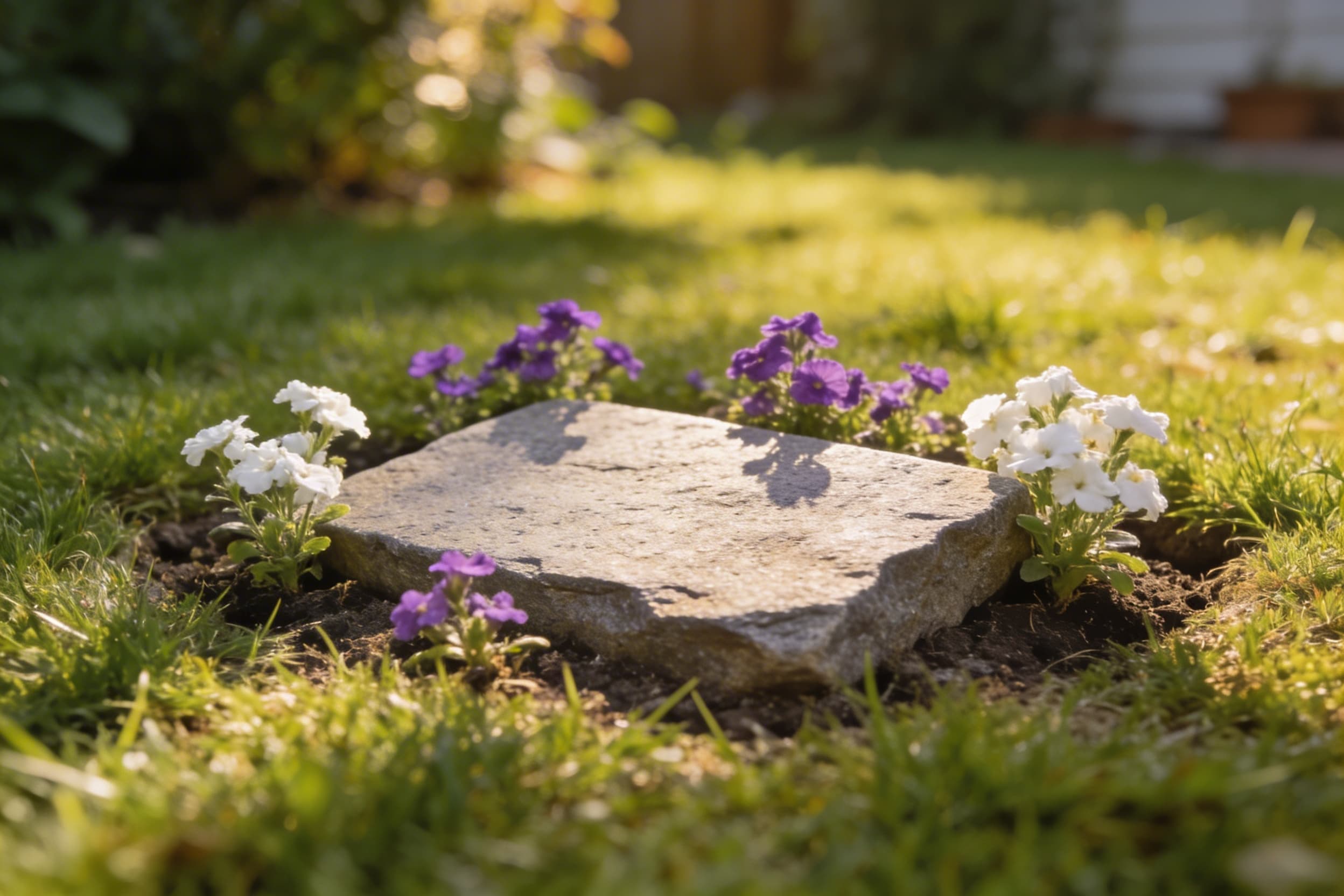 A stone pet grave marker surrounded by small flowering plants in a peaceful backyard garden setting