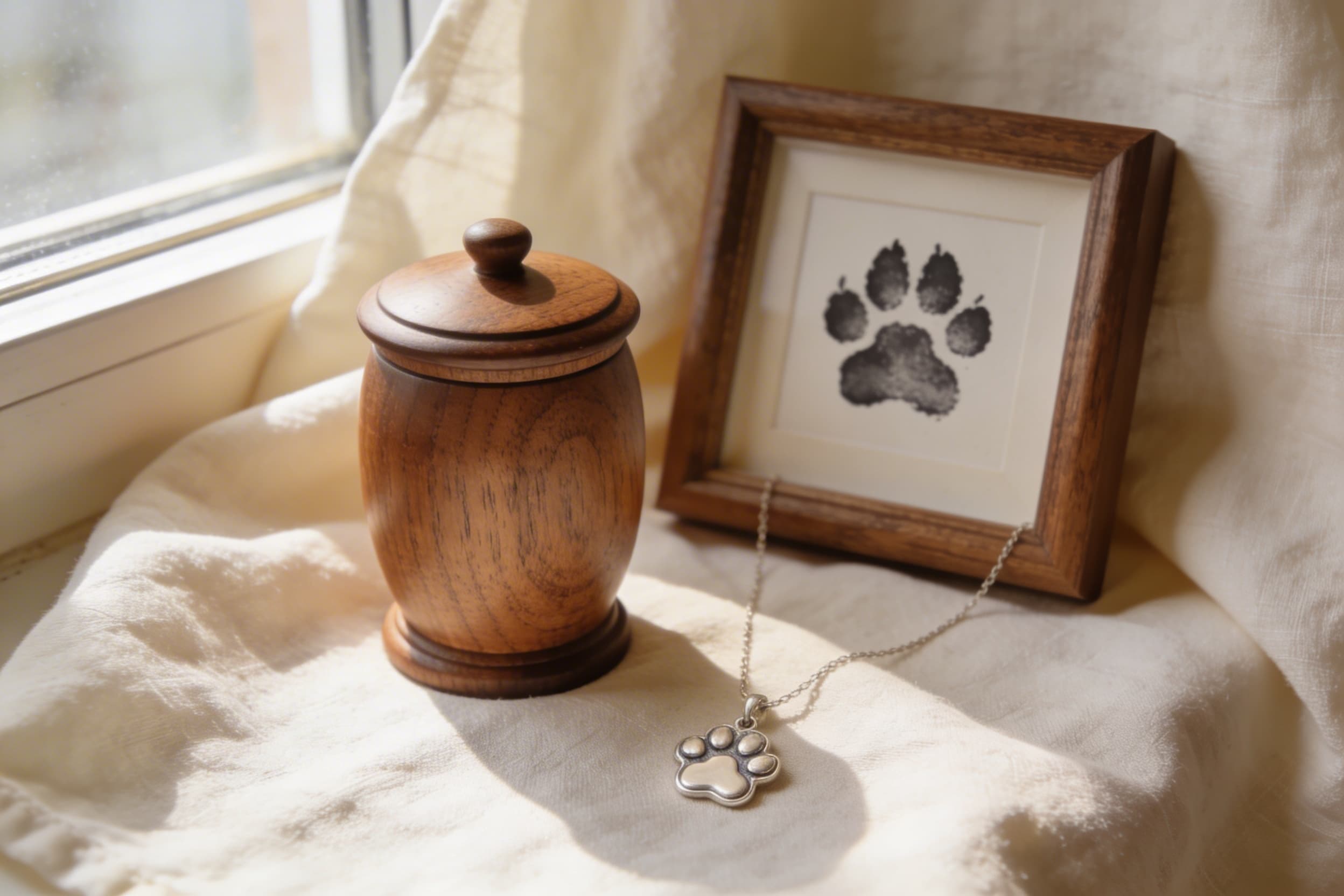 A small pet keepsake urn beside a pet ashes necklace and a framed paw print, arranged on a cream linen cloth